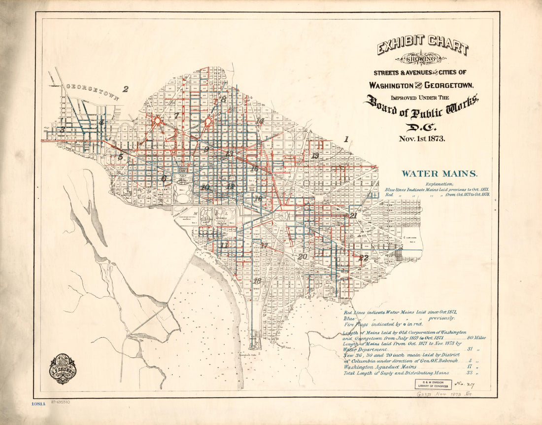 This old map of Exhibit Chart Showing Streets & Avenues of the Cities of Washington and Georgetown, Improved Under the Board of Public Works, D.C. : Nov. 1st from 1873 : Water Mains was created by District of Columbia. Board of Public Works, J.F. Gedney