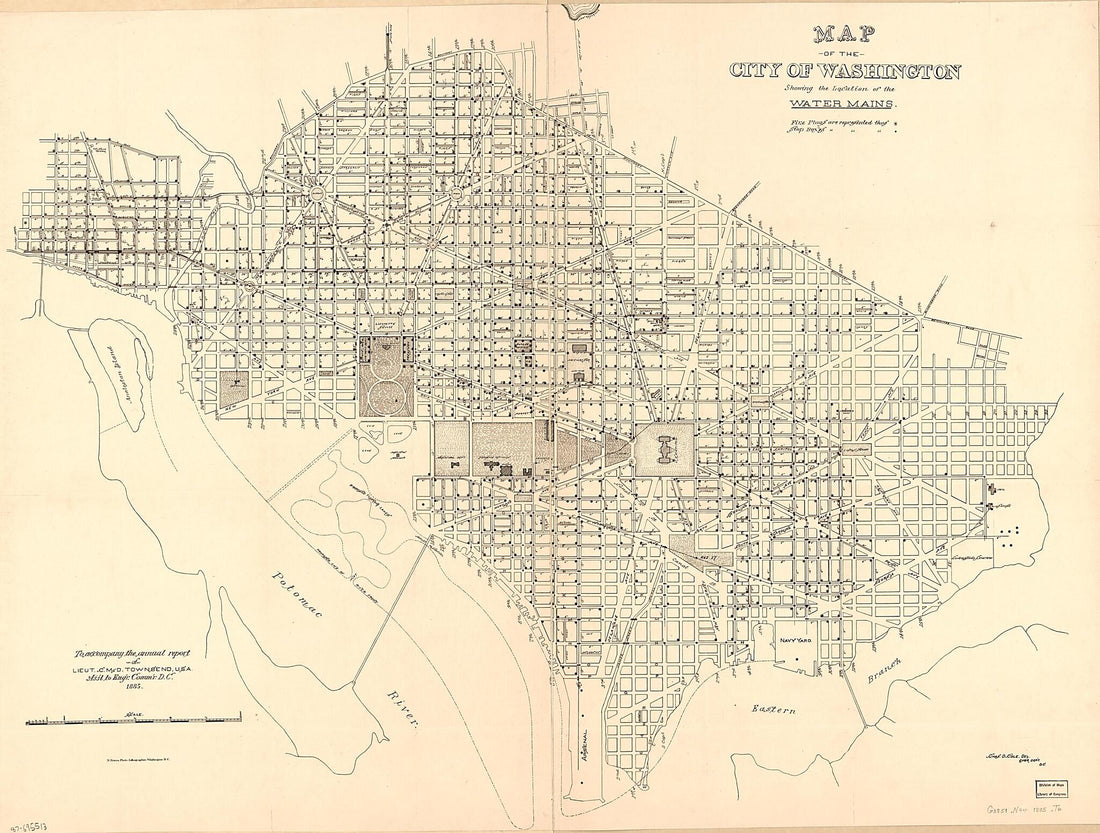 This old map of Map of the City of Washington Showing the Location of the Water Mains from 1885 was created by Chas. D. (Charles D.) Cole, District of Columbia. Engineer Department, Office of the Engineer Commissioner D.C., C. McD. (Curtis McDonald) To