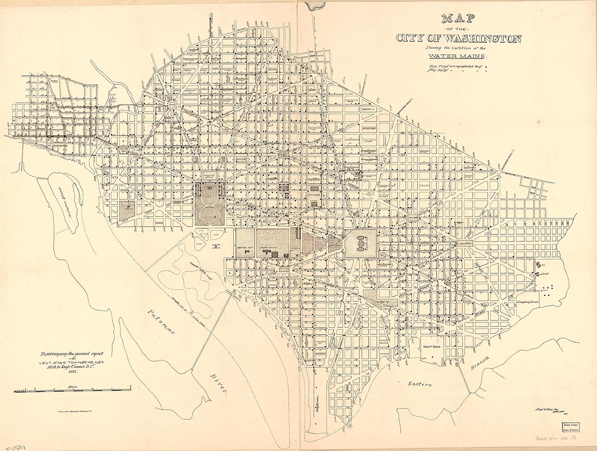 This old map of Map of the City of Washington Showing the Location of the Water Mains from 1885 was created by Chas. D. (Charles D.) Cole, District of Columbia. Engineer Department, Office of the Engineer Commissioner D.C., C. McD. (Curtis McDonald) To