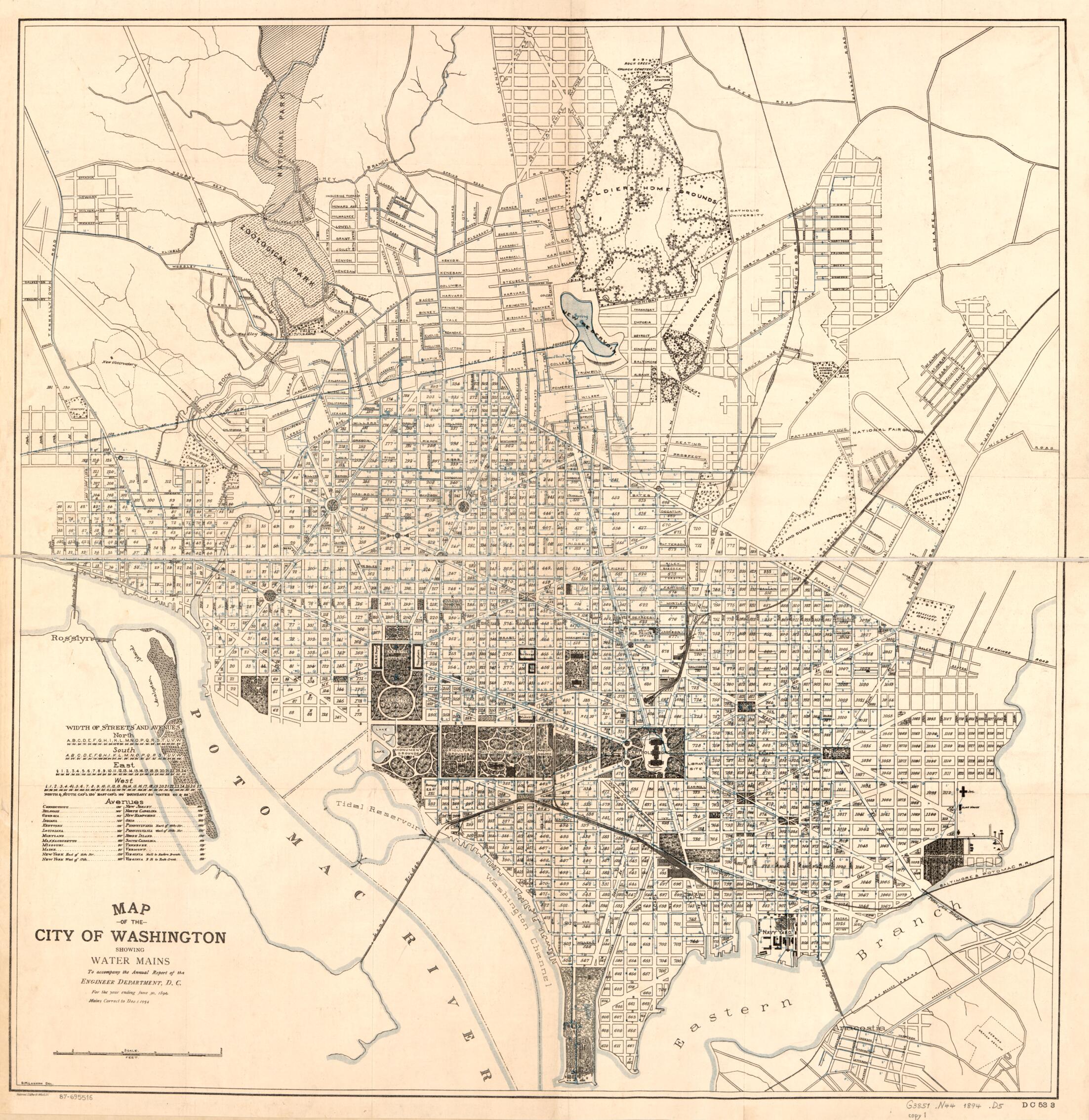 This old map of Map of the City of Washington Showing Water Mains : to Accompany the Annual Report of the Engineer Department, D.C., for the Year Ending June 30, from 1894 was created by District of Columbia. Engineer Department, G. M. Lukesh in 1894