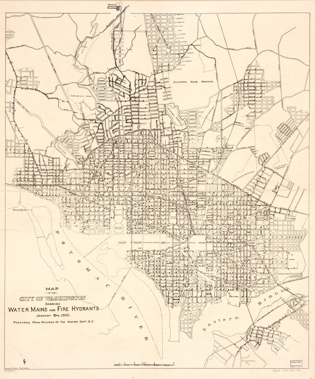 This old map of Map of the City of Washington Showing Water Mains and Fire Hydrants : January 15th from 1900 was created by Chas. D. (Charles D.) Cole, District of Columbia. Water Department in 1900