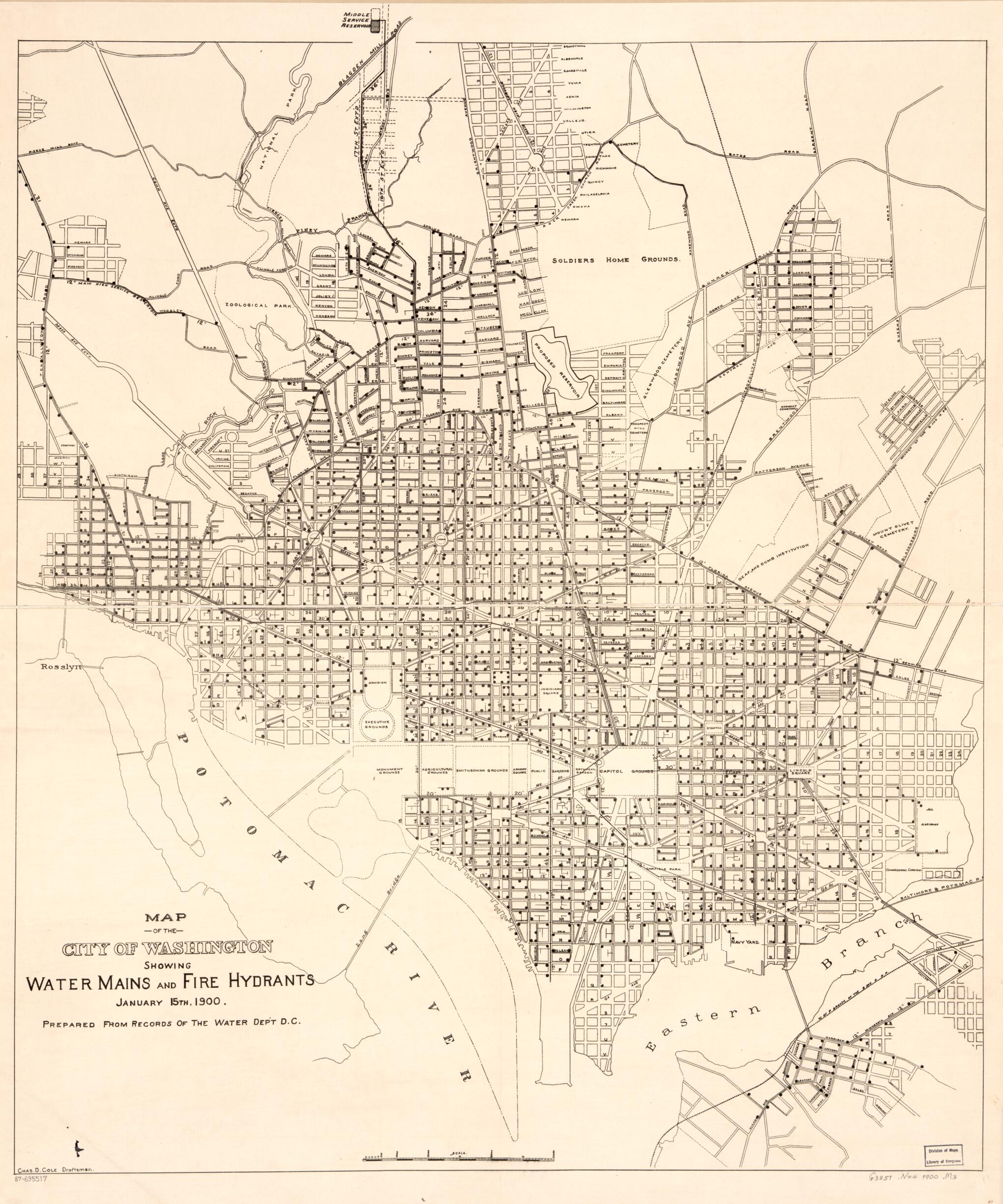This old map of Map of the City of Washington Showing Water Mains and Fire Hydrants : January 15th from 1900 was created by Chas. D. (Charles D.) Cole, District of Columbia. Water Department in 1900