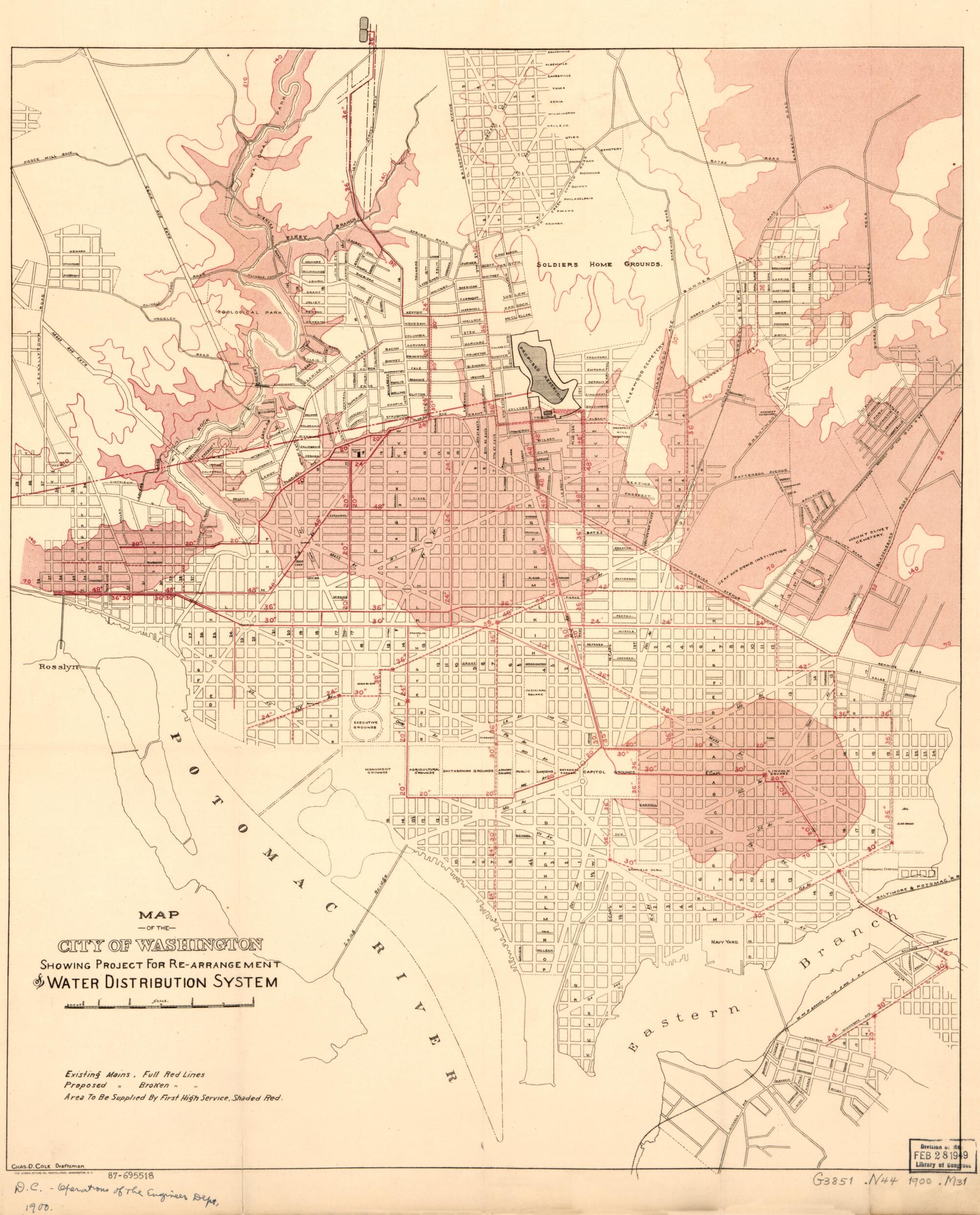 This old map of Arrangement of Water Distribution System from 1900 was created by Chas. D. (Charles D.) Cole, District of Columbia. Engineer Department in 1900