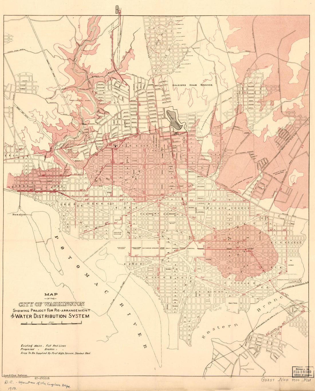 This old map of Arrangement of Water Distribution System from 1900 was created by Chas. D. (Charles D.) Cole, District of Columbia. Engineer Department in 1900