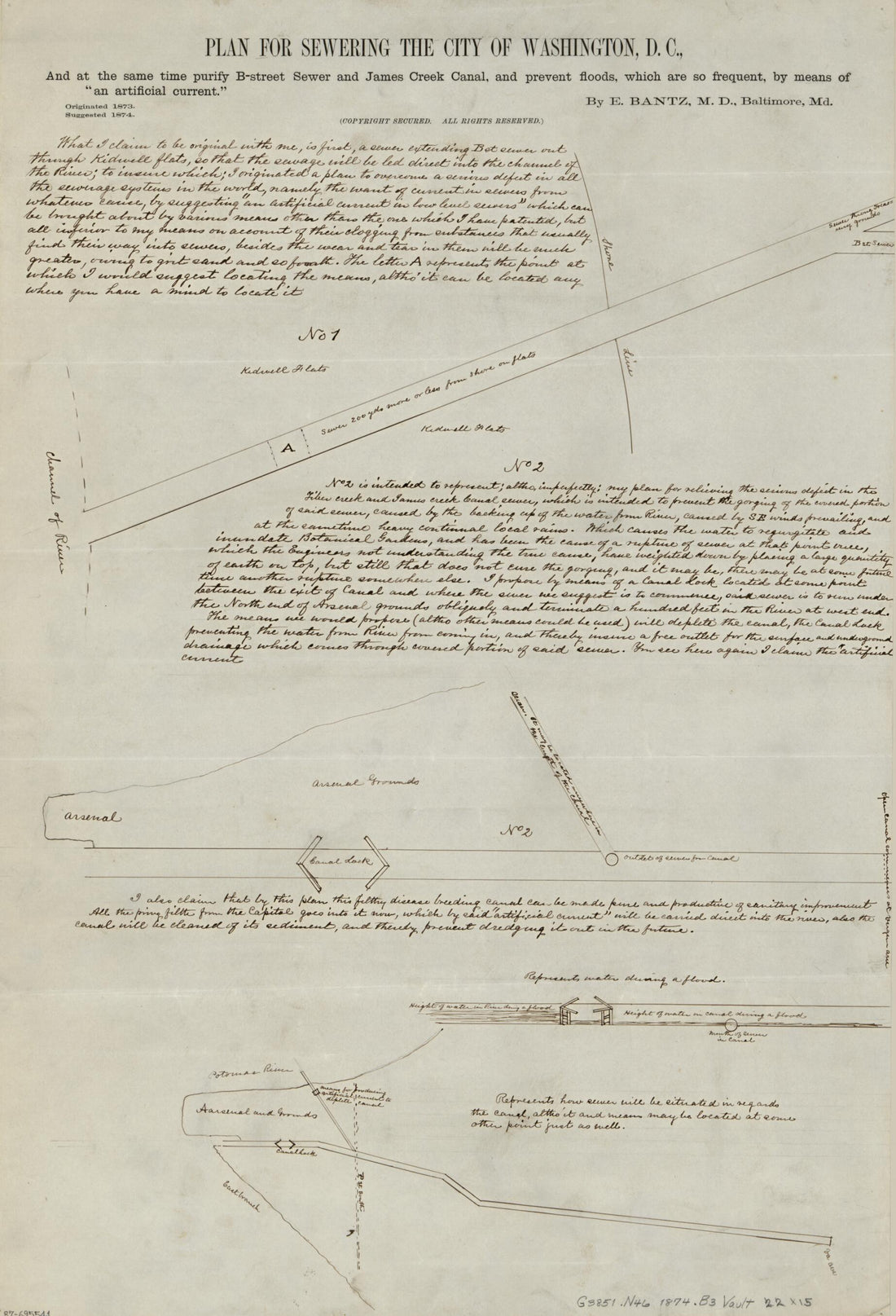 This old map of Street Sewer and James Creek Canal, and Prevent Floods, Which Are So Frequent, by Means of an Artificial Current from 1874 was created by E. (Edward) Bantz in 1874