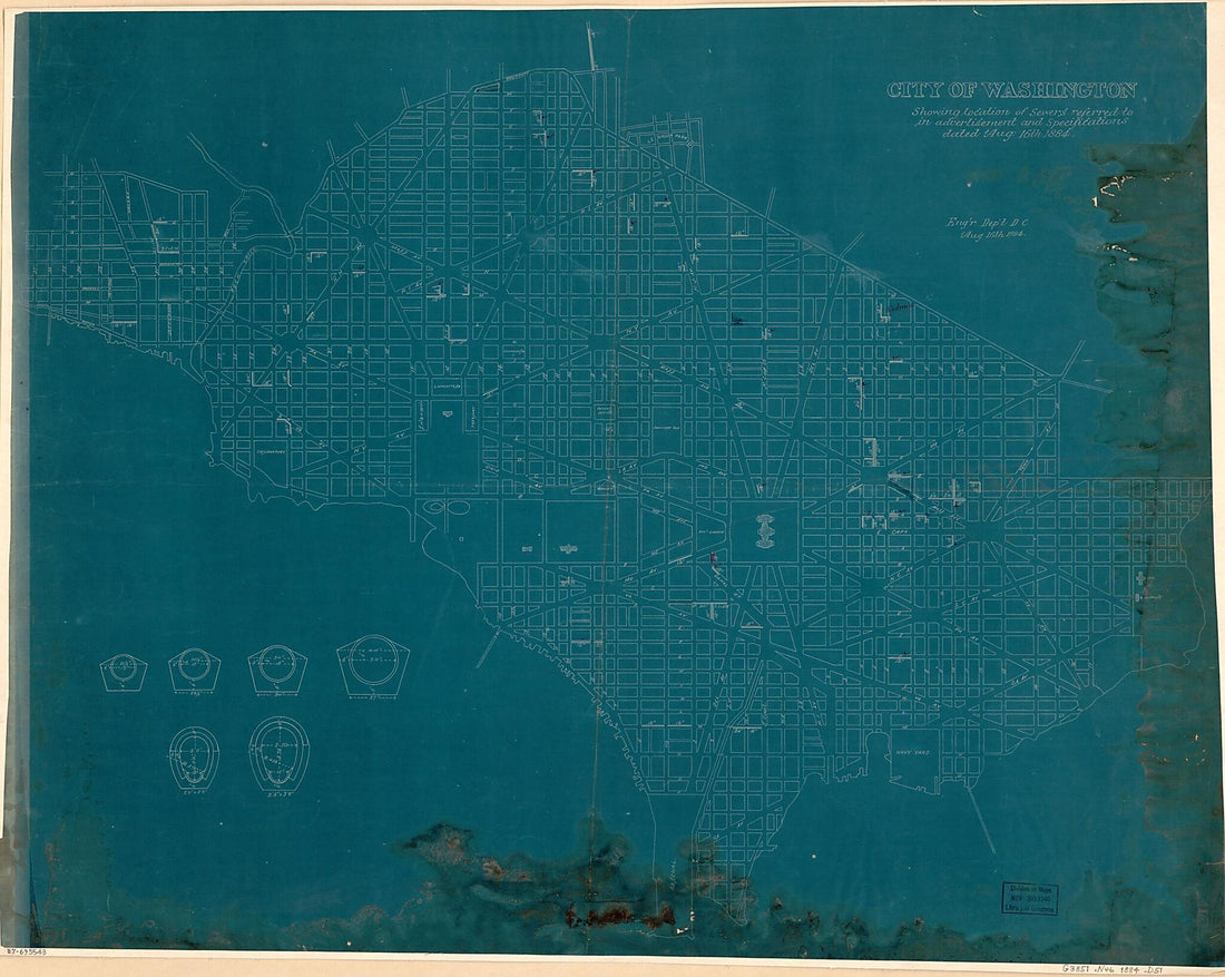 This old map of City of Washington Showing Location of Sewers Referred to In Advertisement and Specifications Dated Aug. 16th from 1884 was created by District of Columbia. Engineer Department in 1884
