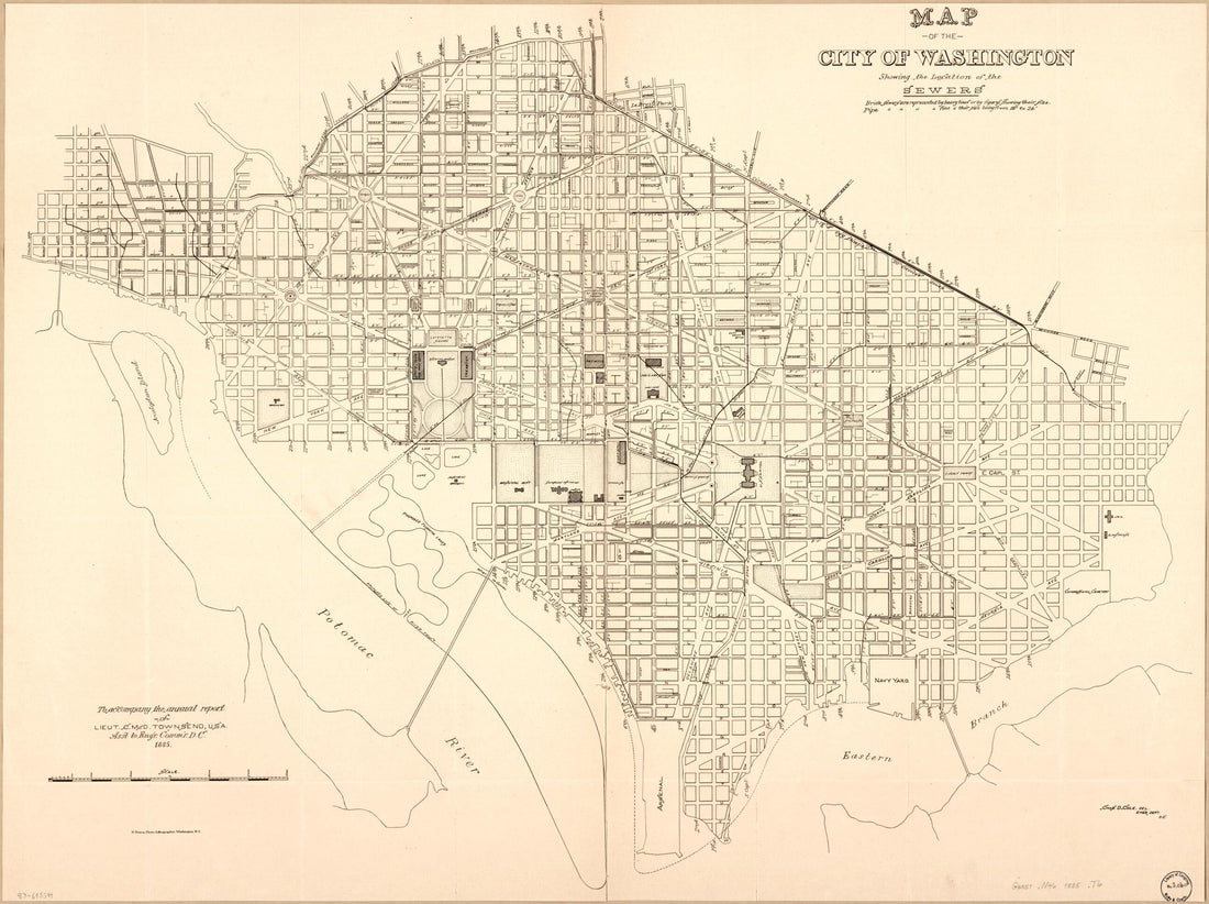This old map of Map of the City of Washington Showing the Location of the Sewers from 1885 was created by Chas. D. (Charles D.) Cole, District of Columbia. Engineer Department, Office of the Engineer Commissioner D.C., C. McD. (Curtis McDonald) Townsen