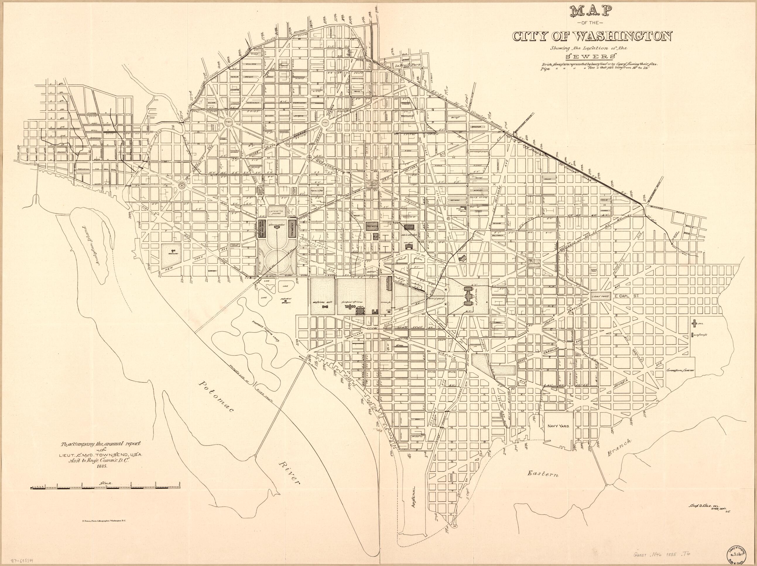This old map of Map of the City of Washington Showing the Location of the Sewers from 1885 was created by Chas. D. (Charles D.) Cole, District of Columbia. Engineer Department, Office of the Engineer Commissioner D.C., C. McD. (Curtis McDonald) Townsen