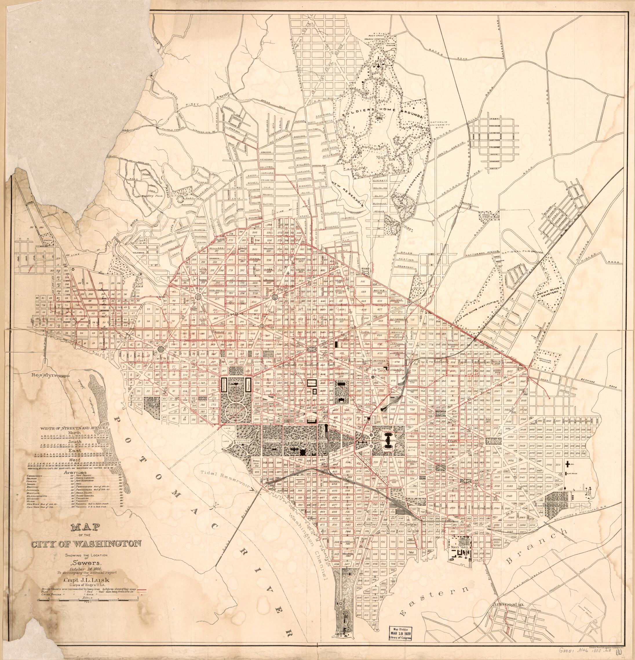This old map of Map of the City of Washington Showing the Location of Sewers : October 1st from 1888 was created by J. L. (James Loring) Lusk, United States. Army. Corps of Engineers in 1888