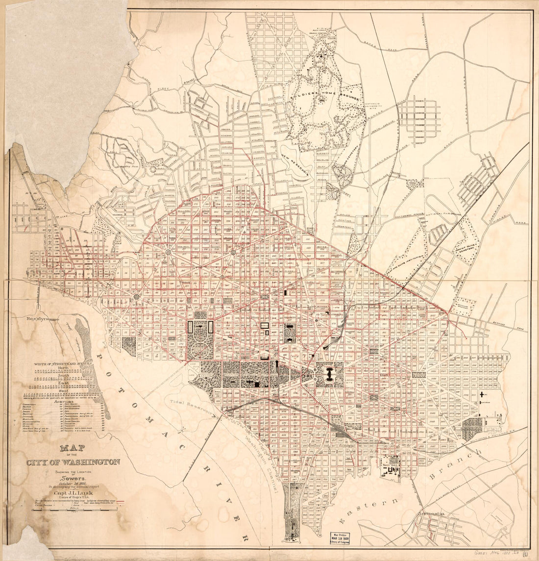 This old map of Map of the City of Washington Showing the Location of Sewers : October 1st from 1888 was created by J. L. (James Loring) Lusk, United States. Army. Corps of Engineers in 1888
