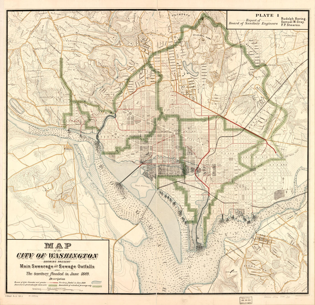 This old map of Map of the City of Washington Showing Present Main Sewerage and Sewage Outfalls : Also the Territory Flooded In June 1889 from 1894 was created by District of Columbia. Board of Sanitary Engineers in 1894