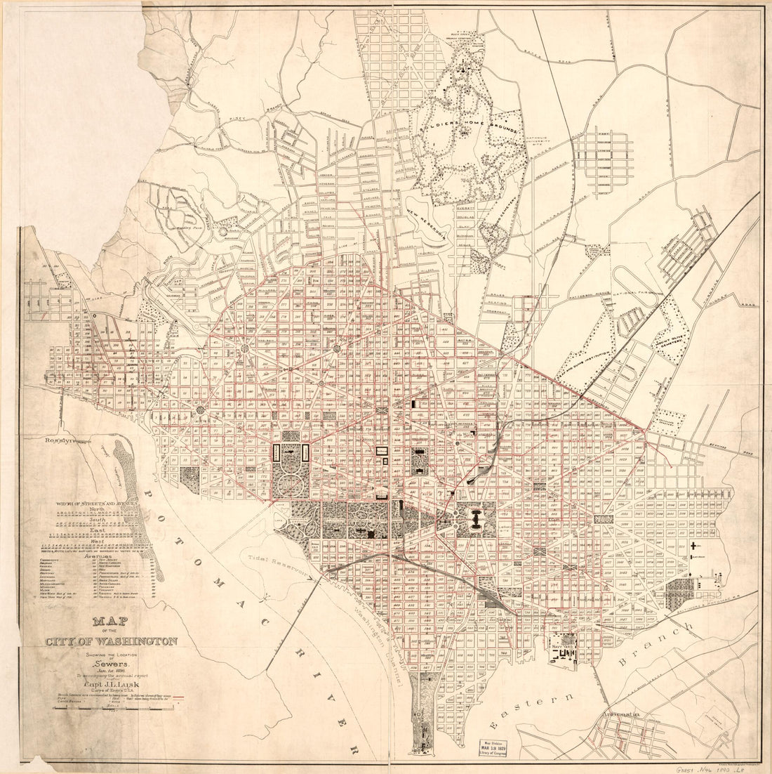 This old map of Map of the City of Washington Showing the Location of Sewers : Jan. 1st from 1890 was created by J. L. (James Loring) Lusk, United States. Army. Corps of Engineers in 1890