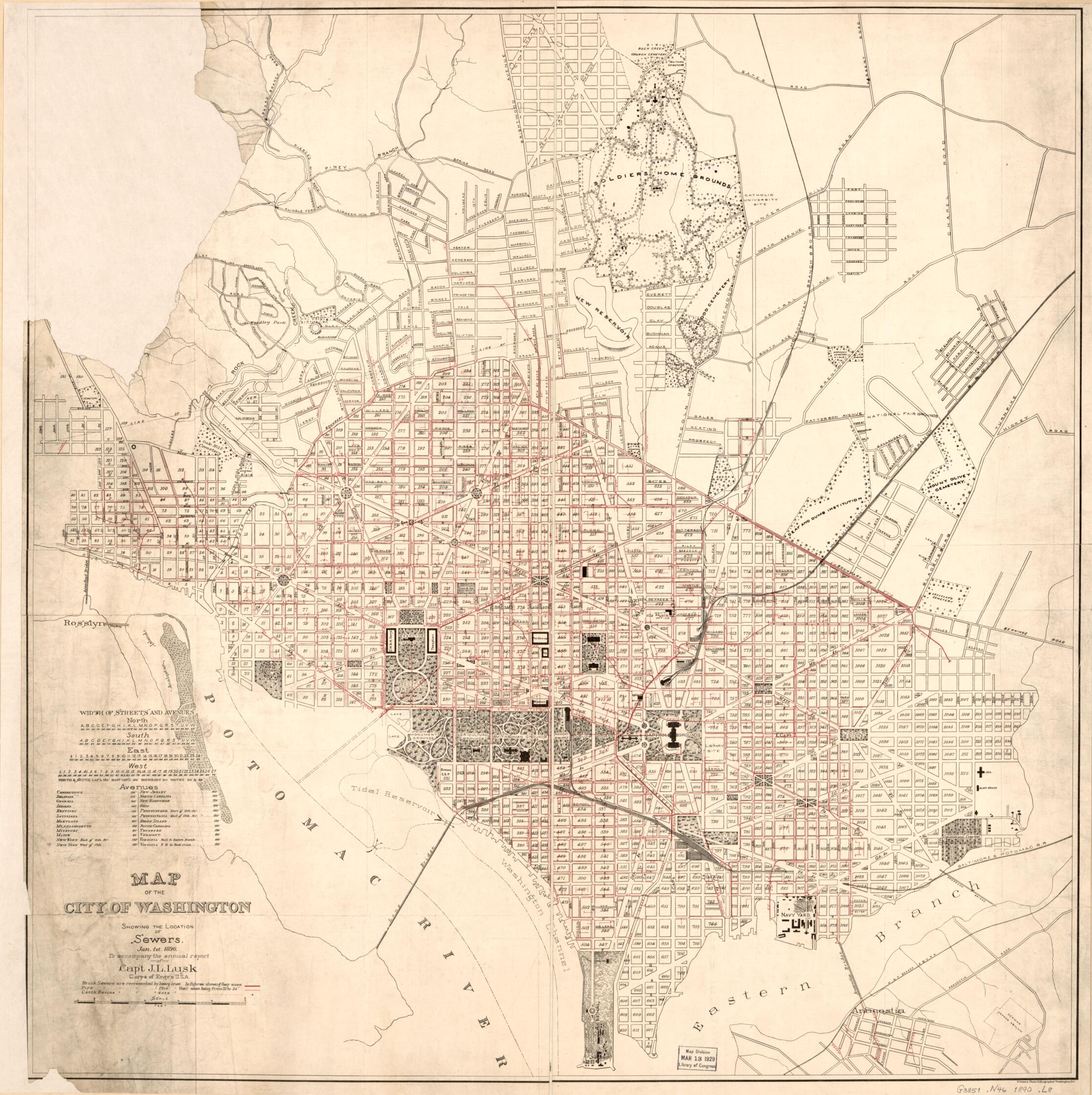 This old map of Map of the City of Washington Showing the Location of Sewers : Jan. 1st from 1890 was created by J. L. (James Loring) Lusk, United States. Army. Corps of Engineers in 1890