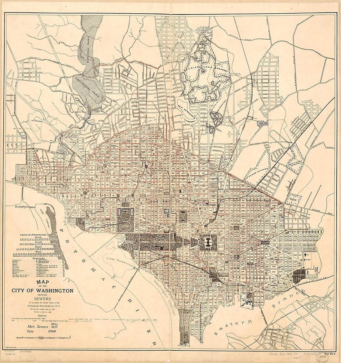 This old map of Map of the City of Washington Showing Sewers : to Accompany the Annual Report of the Engineer Department, D.C., for the Year Ending June 30, 1894 from 1895 was created by L. Cobb, District of Columbia. Engineer Department, G. M. Lukesh i