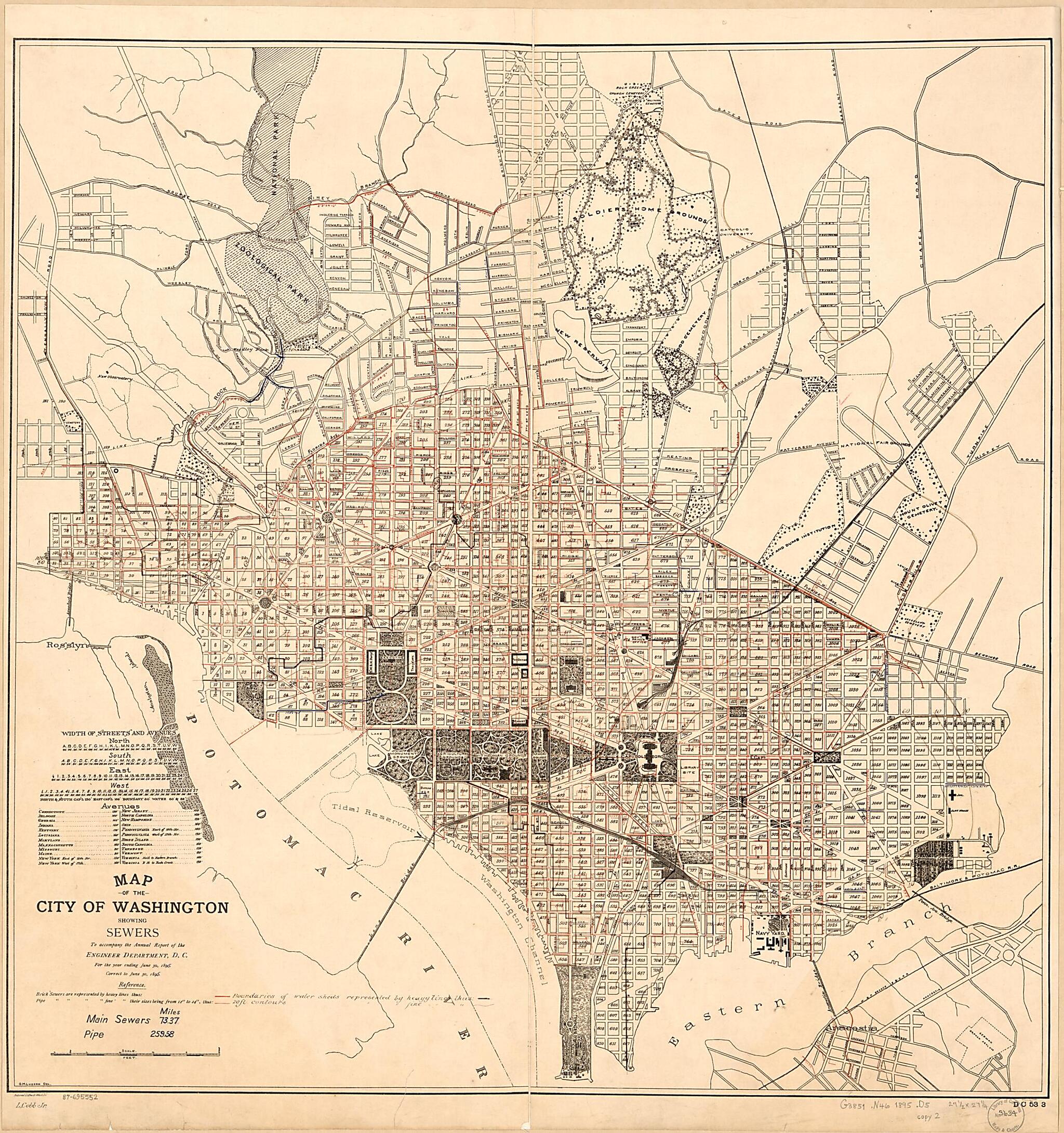 This old map of Map of the City of Washington Showing Sewers : to Accompany the Annual Report of the Engineer Department, D.C., for the Year Ending June 30, 1894 from 1895 was created by L. Cobb, District of Columbia. Engineer Department, G. M. Lukesh i