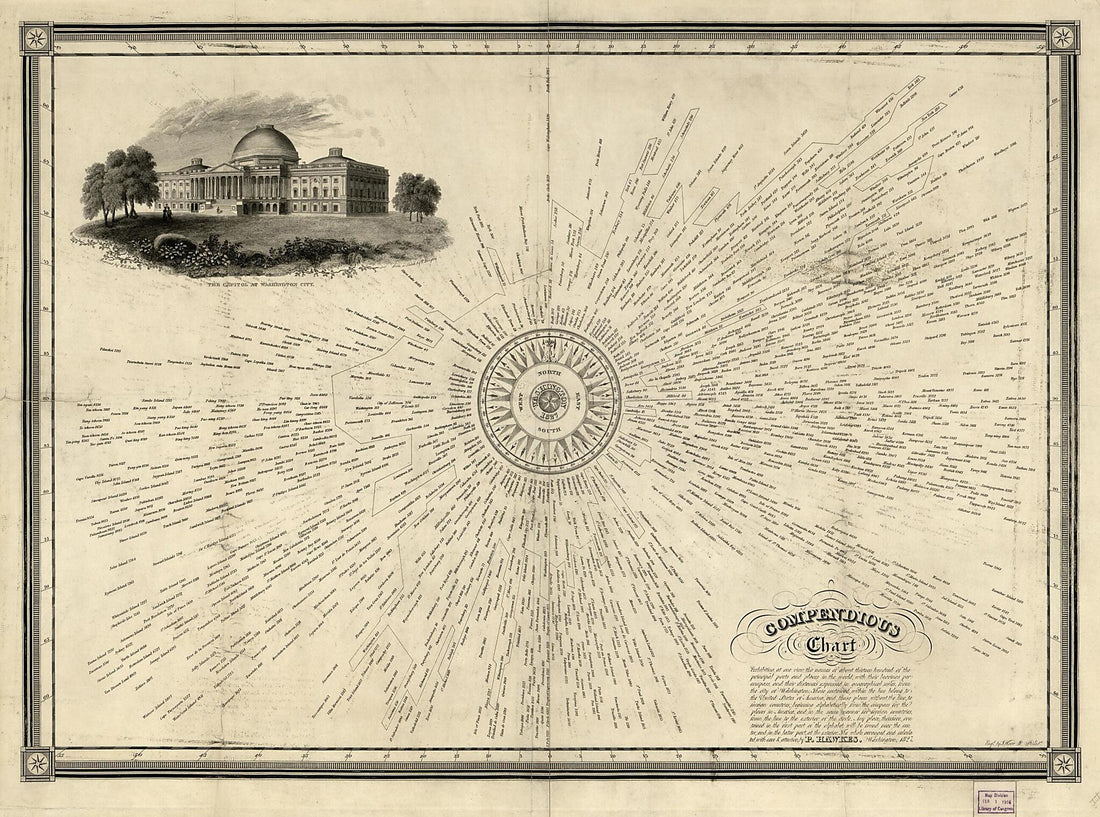 This old map of Compendious Chart Exhibiting, at One View, the Names of About Thirteen Hundred of the Principal Ports and Places In the World, With Their Bearings Per Compass, and Their Distances Expressed In Geographical Miles, from the City of Washingt