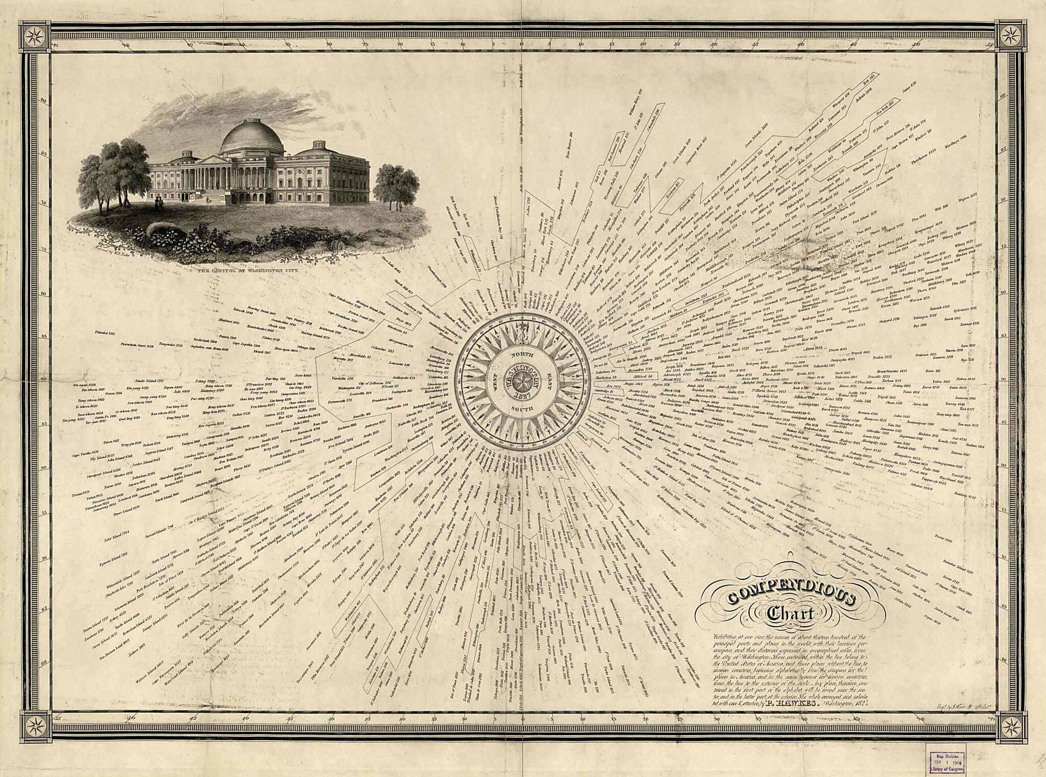 This old map of Compendious Chart Exhibiting, at One View, the Names of About Thirteen Hundred of the Principal Ports and Places In the World, With Their Bearings Per Compass, and Their Distances Expressed In Geographical Miles, from the City of Washingt
