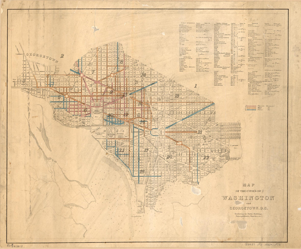 Map of the Cities of Washington and Georgetown, D.C. : Exhibiting the Public Buildings, Principal Hotels, Churches, Etc 1860 by Relic Map Company