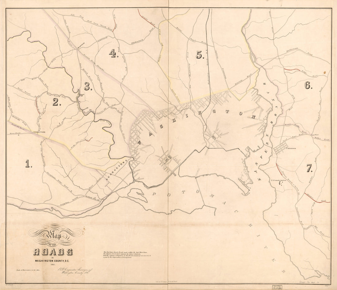 This old map of Map of the Roads In Washington County, D.C from 1867 was created by B. D. (Benjamin D.) Carpenter, District of Columbia. Office of the Surveyor in 1867