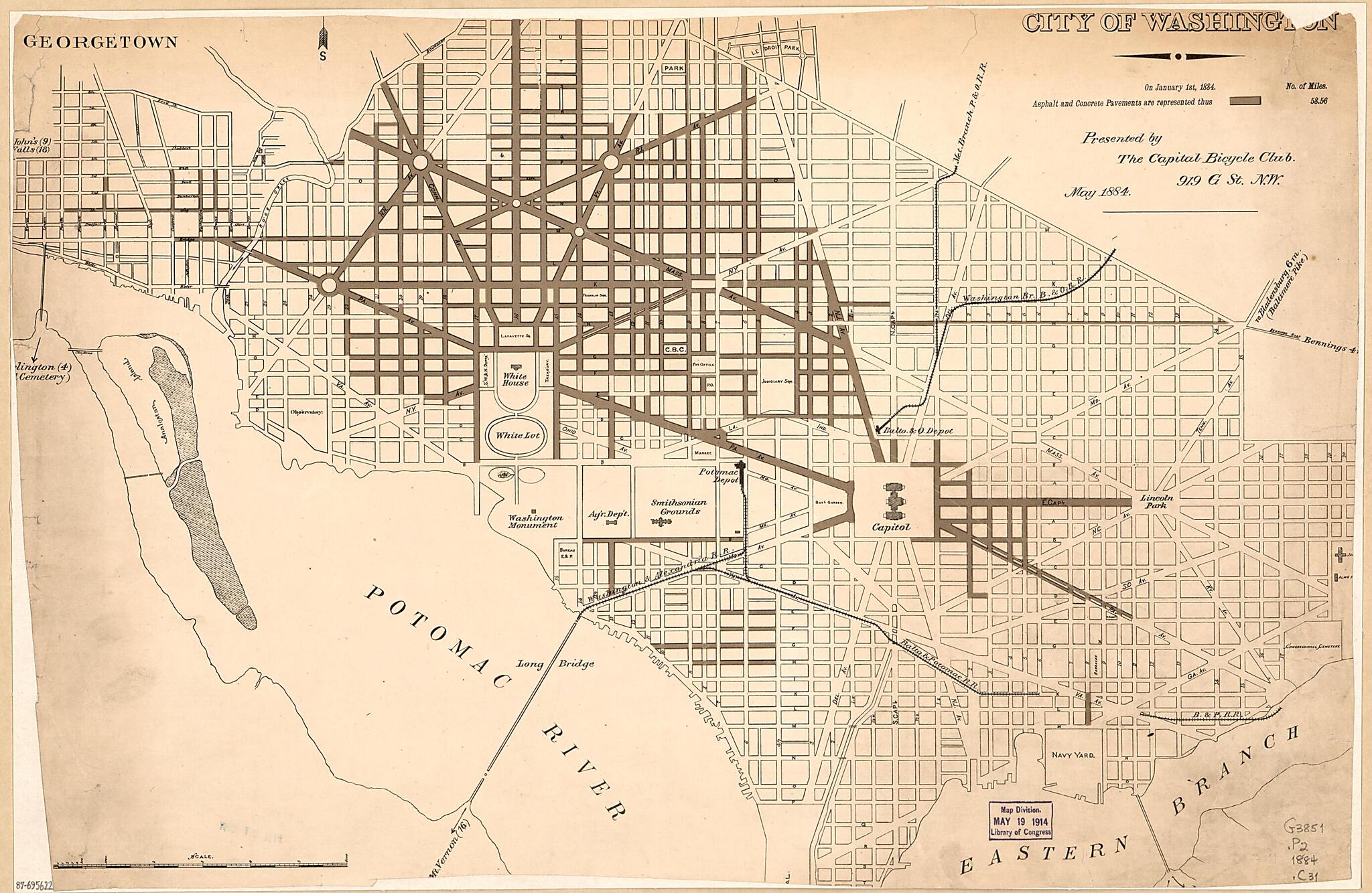 This old map of City of Washington from 1884 was created by Capital Bicycle Club in 1884