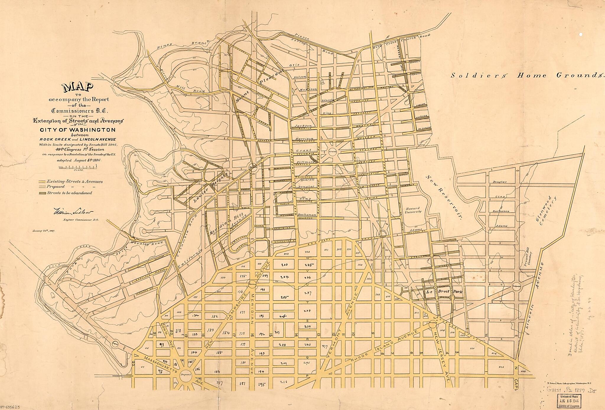 This old map of Map to Accompany the Report of the Commissioners D.C. On the Extension of Streets and Avenues of the City of Washington Between Rock Creek and Lincoln Avenue : Within Limits Designated by Senate Bill 2201, 49th Congress, 1st Session, In R