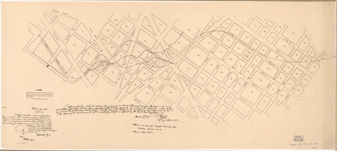 This old map of A Map Exhibiting the Position of Two Lines Located With a View to the Extension of the Baltimore & Washington Rail Road Within the City of Washington from 1835 was created by District of Columbia. Office of the Surveyor, J. (Jonathan) Kn