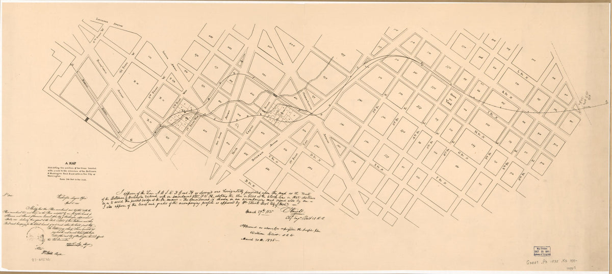 A Map Exhibiting the Position of Two Lines Located With a View to the Extension of the Baltimore & Washington Rail Road Within the City of Washington 1835 by Relic Map Company