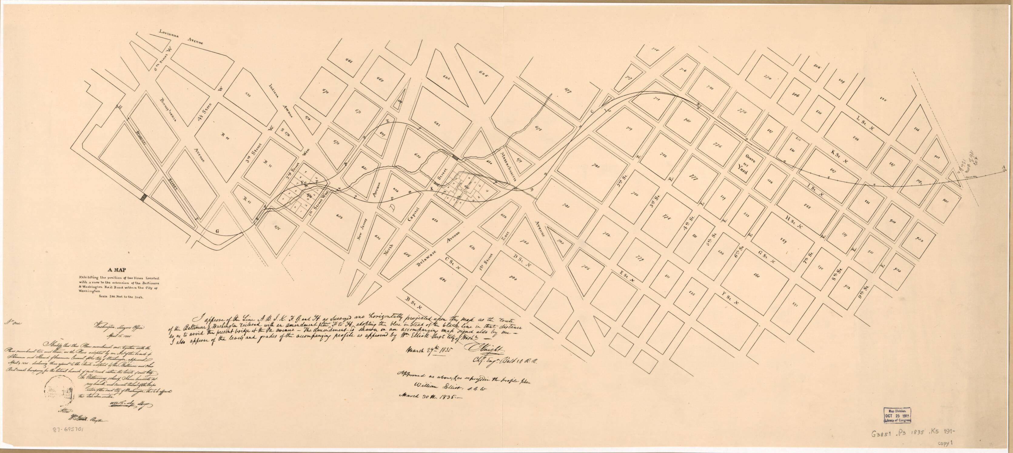 This old map of A Map Exhibiting the Position of Two Lines Located With a View to the Extension of the Baltimore & Washington Rail Road Within the City of Washington from 1835 was created by District of Columbia. Office of the Surveyor, J. (Jonathan) Kn