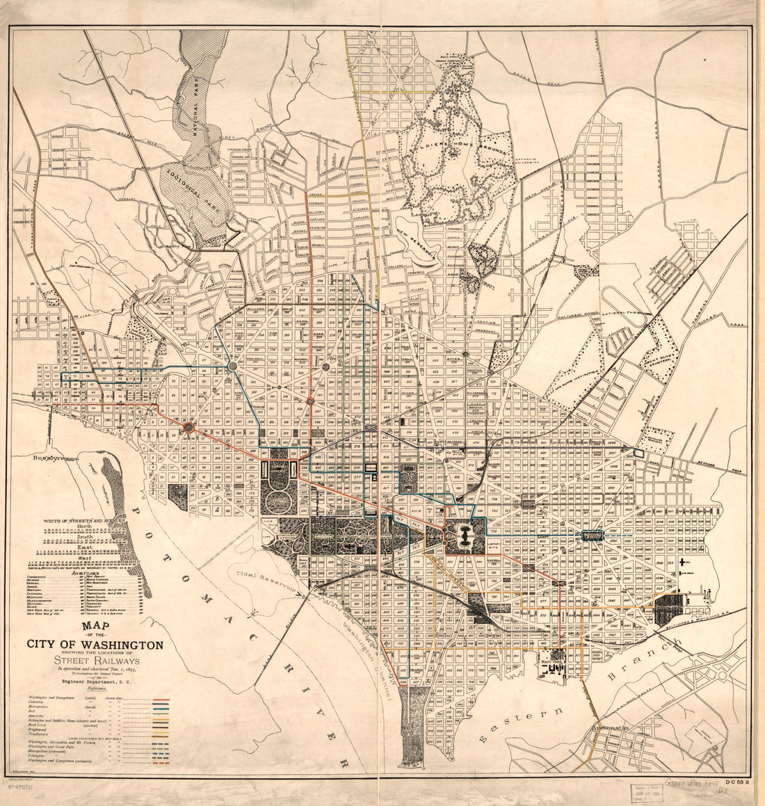 This old map of Map of the City of Washington Showing the Locations of Street Railways In Operation and Chartered Jan. 1, from 1895 : to Accompany the Annual Report of the Engineer Department, D.C was created by District of Columbia. Engineer Department, G. M. Lukesh in 1895