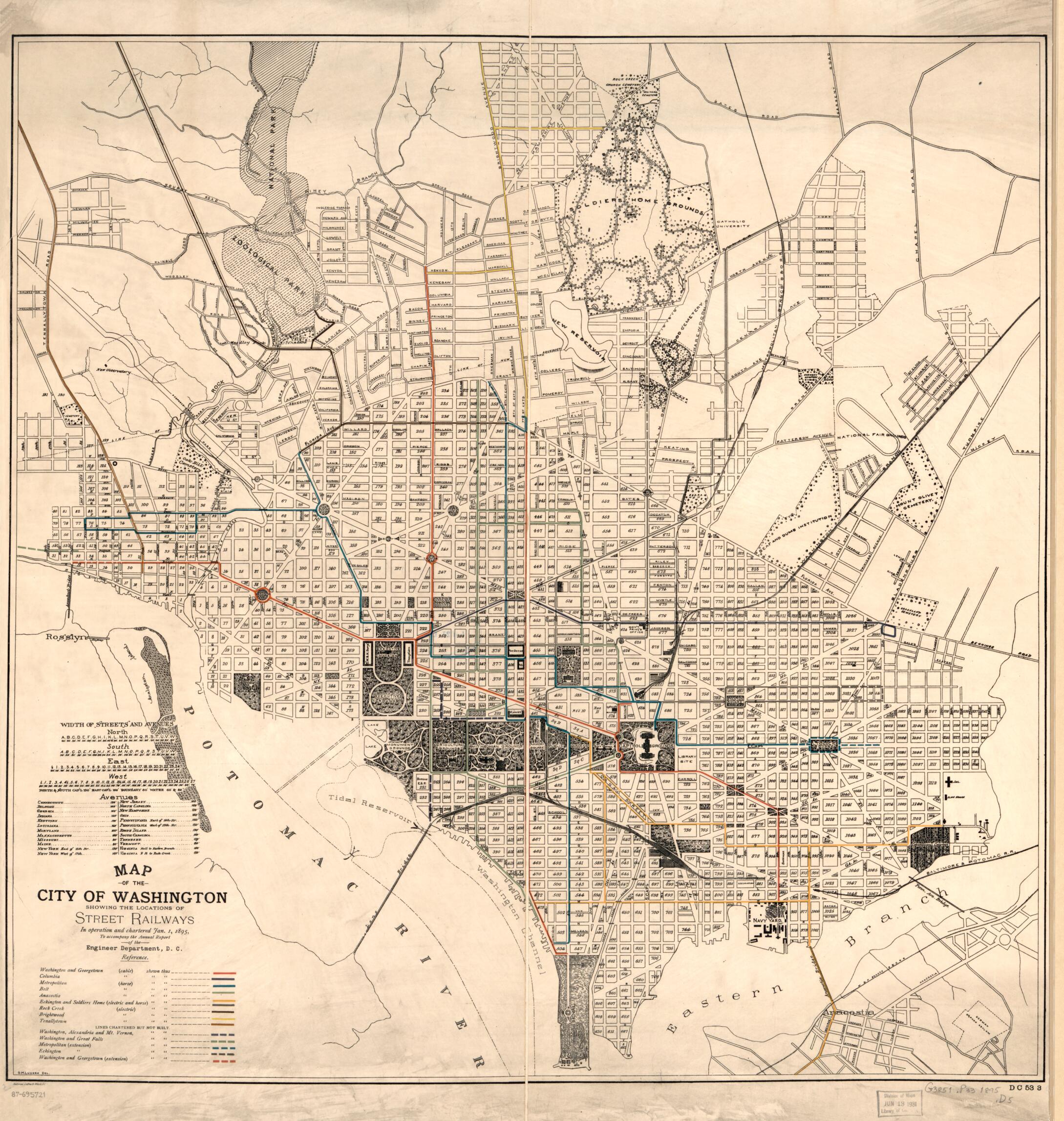 This old map of Map of the City of Washington Showing the Locations of Street Railways In Operation and Chartered Jan. 1, from 1895 : to Accompany the Annual Report of the Engineer Department, D.C was created by District of Columbia. Engineer Department, G. M. Lukesh in 1895