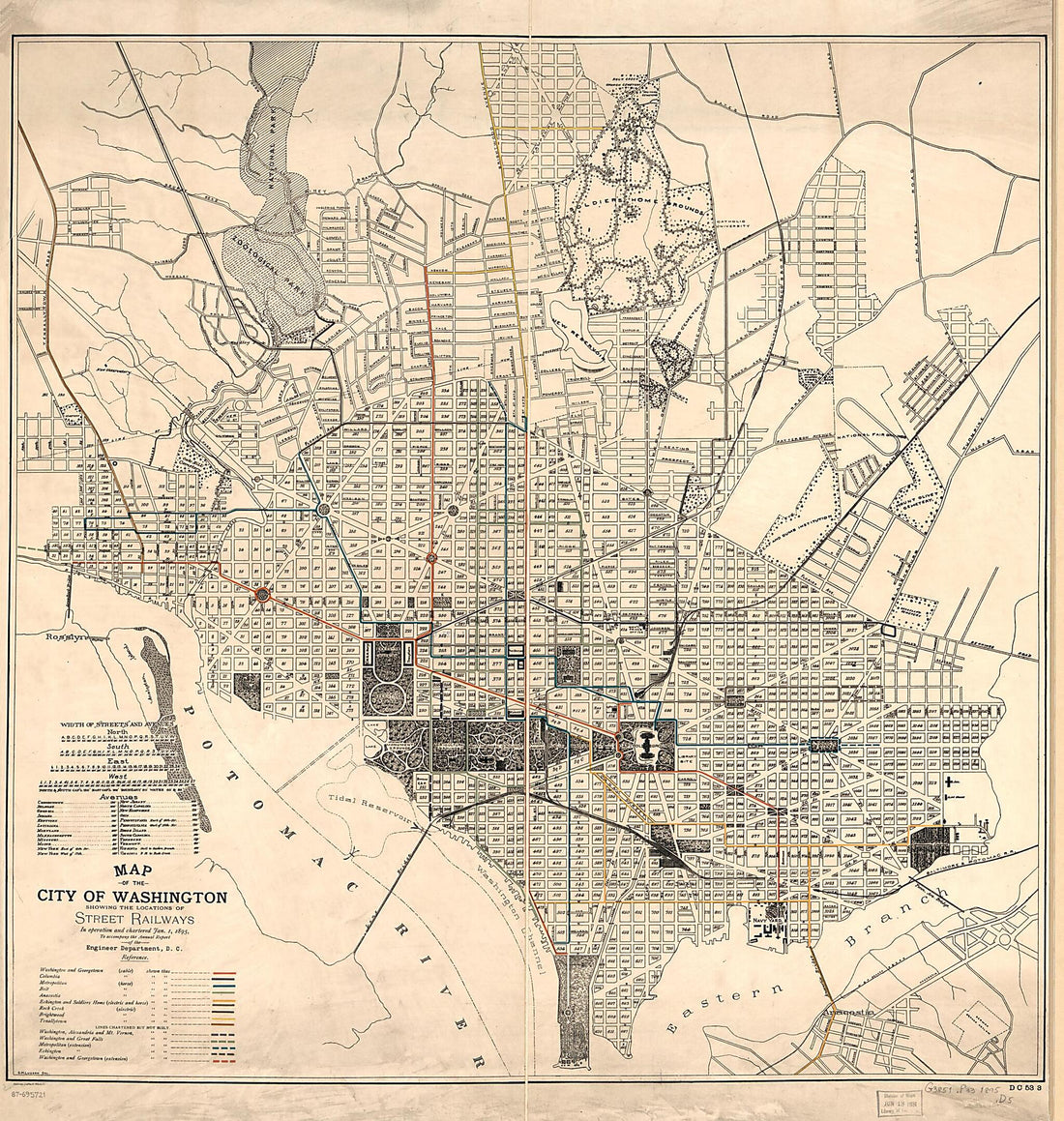 This old map of Map of the City of Washington Showing the Locations of Street Railways In Operation and Chartered Jan. 1, from 1895 : to Accompany the Annual Report of the Engineer Department, D.C was created by District of Columbia. Engineer Department