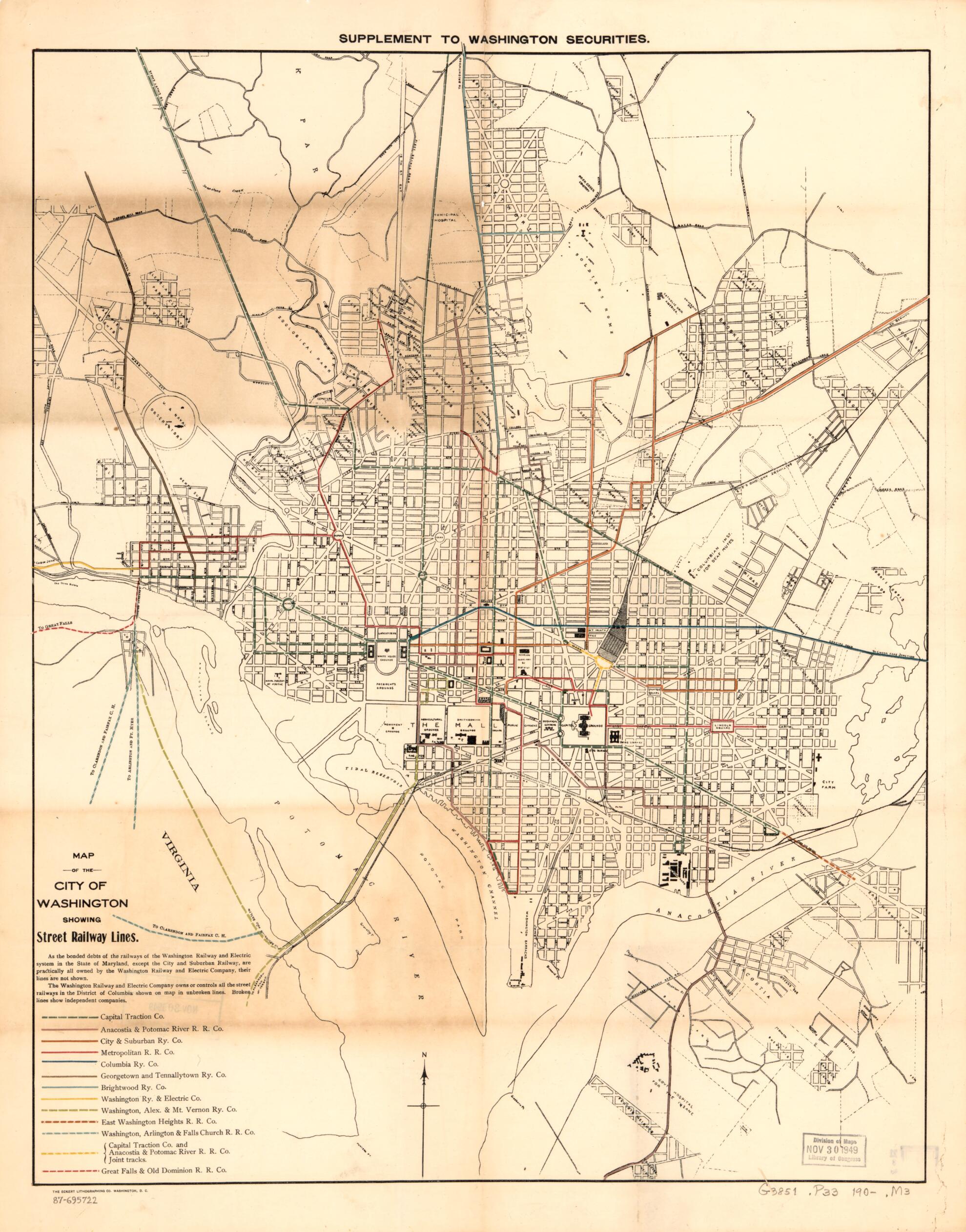 This old map of Map of the City of Washington Showing Street Railway Lines from 1900 was created by Eckert Lithographing Company in 1900