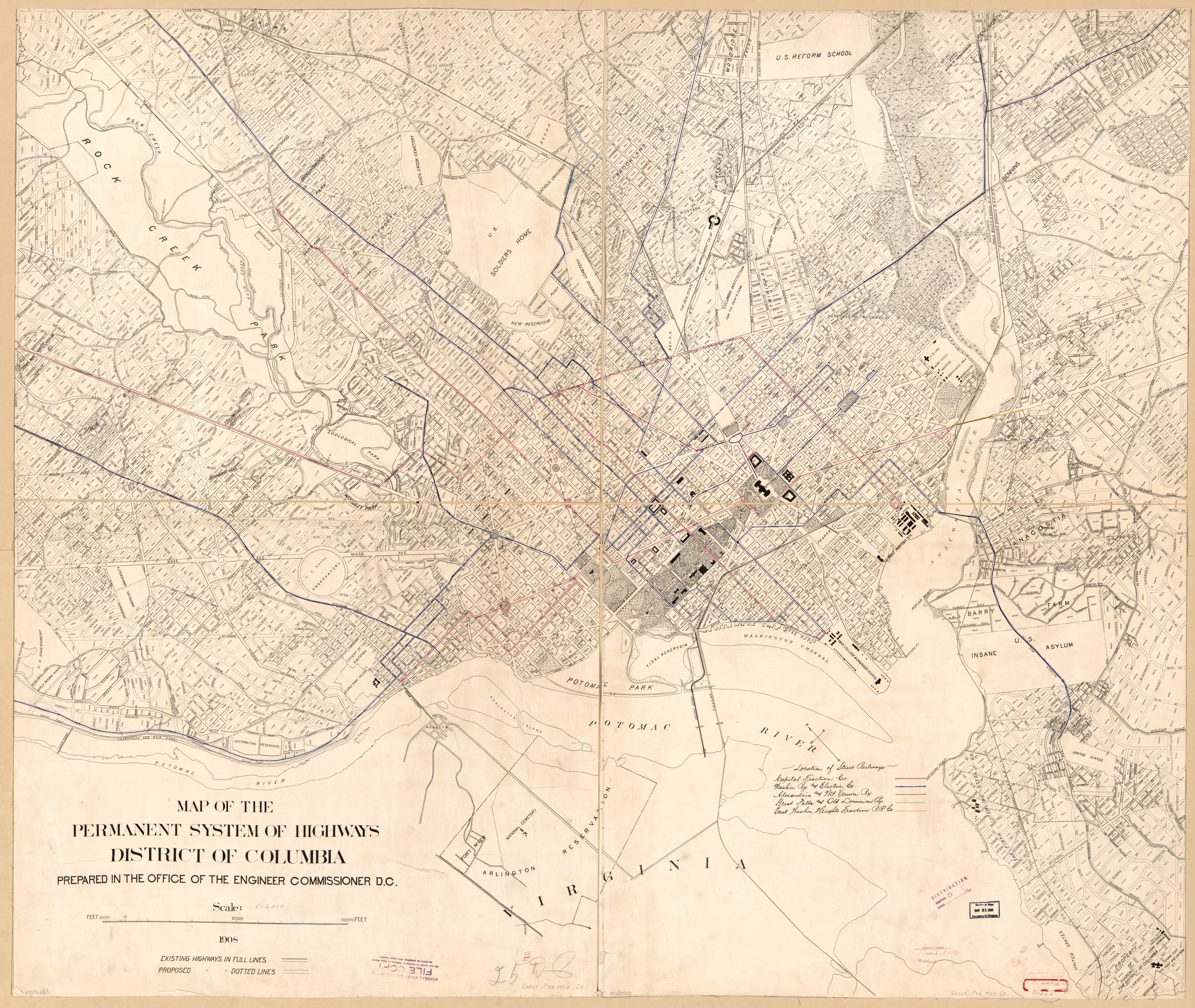 This old map of Map of the Permanent System of Highways, District of Columbia from 1908 was created by Office of the Engineer Commissioner D.C. in 1908