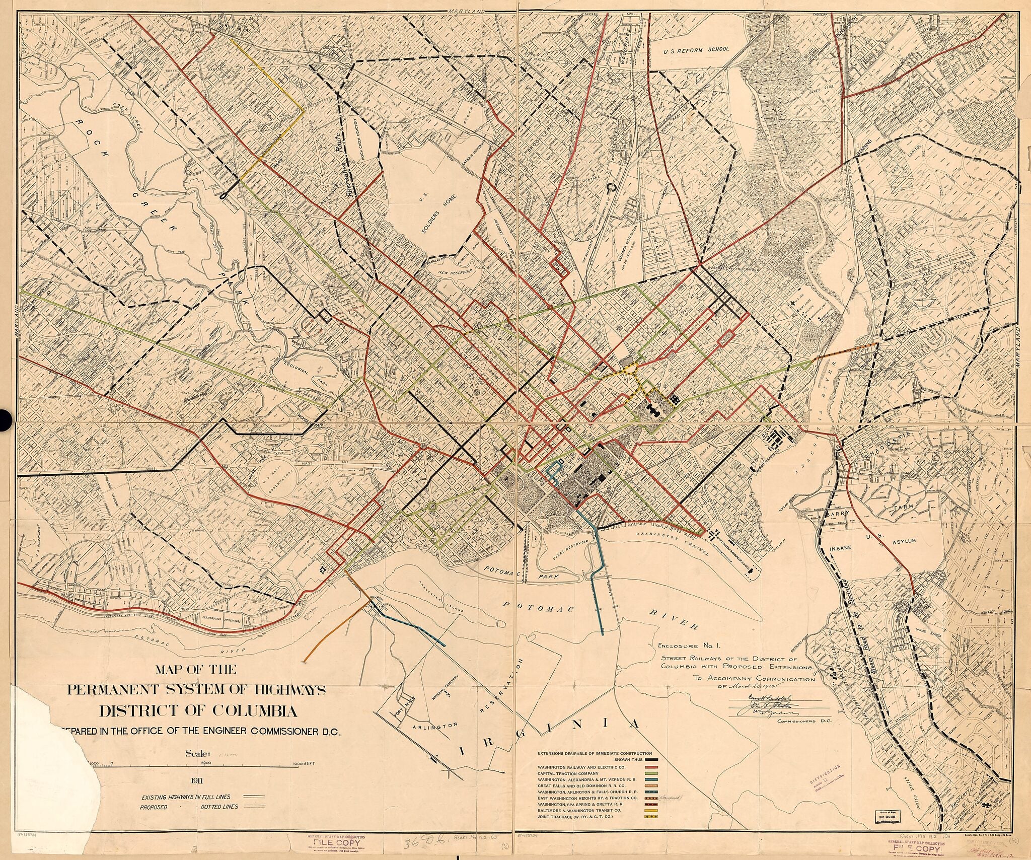 This old map of Street Railways of the District of Columbia With Proposed Extensions : to Accompany Communication of March 20, from 1912 was created by District of Columbia. Board of Commissioners, Office of the Engineer Commissioner D.C., United Stat