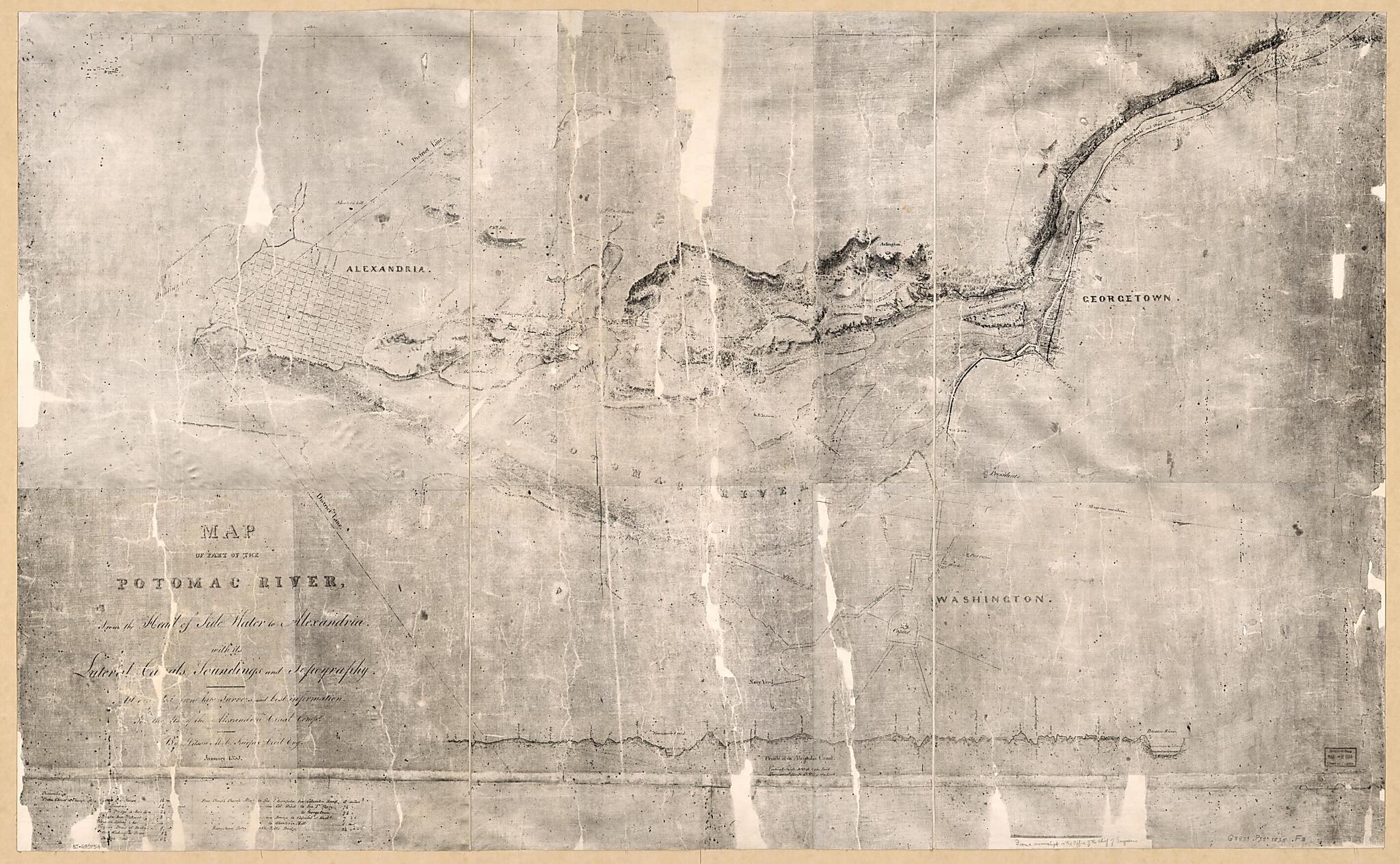 This old map of Map of Part of the Potomac River, from the Head of Tide Water to Alexandria : With Its Lateral Canals, Soundings, and Topography from 1835 was created by Alexandria Canal Company, Wilson M. C. Fairfax in 1835