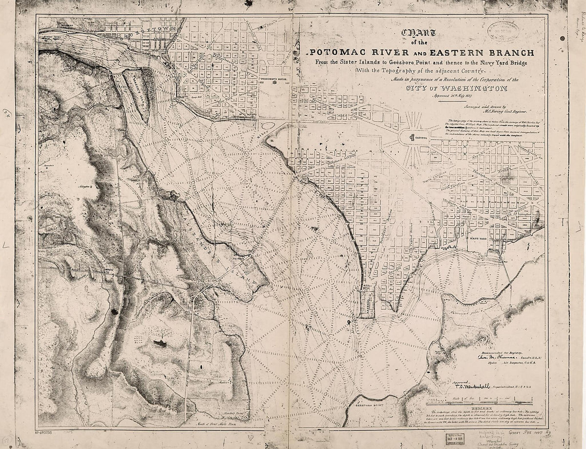 Chart of the Potomac River and Eastern Branch from the Sister Islands to Geesboro Point and Thence to the Navy Yard Bridge : With the Topography of the Adjacent Country : Made In Pursuance of a Resolution of the Corporation of the City of Washington, ... by Relic Map Company