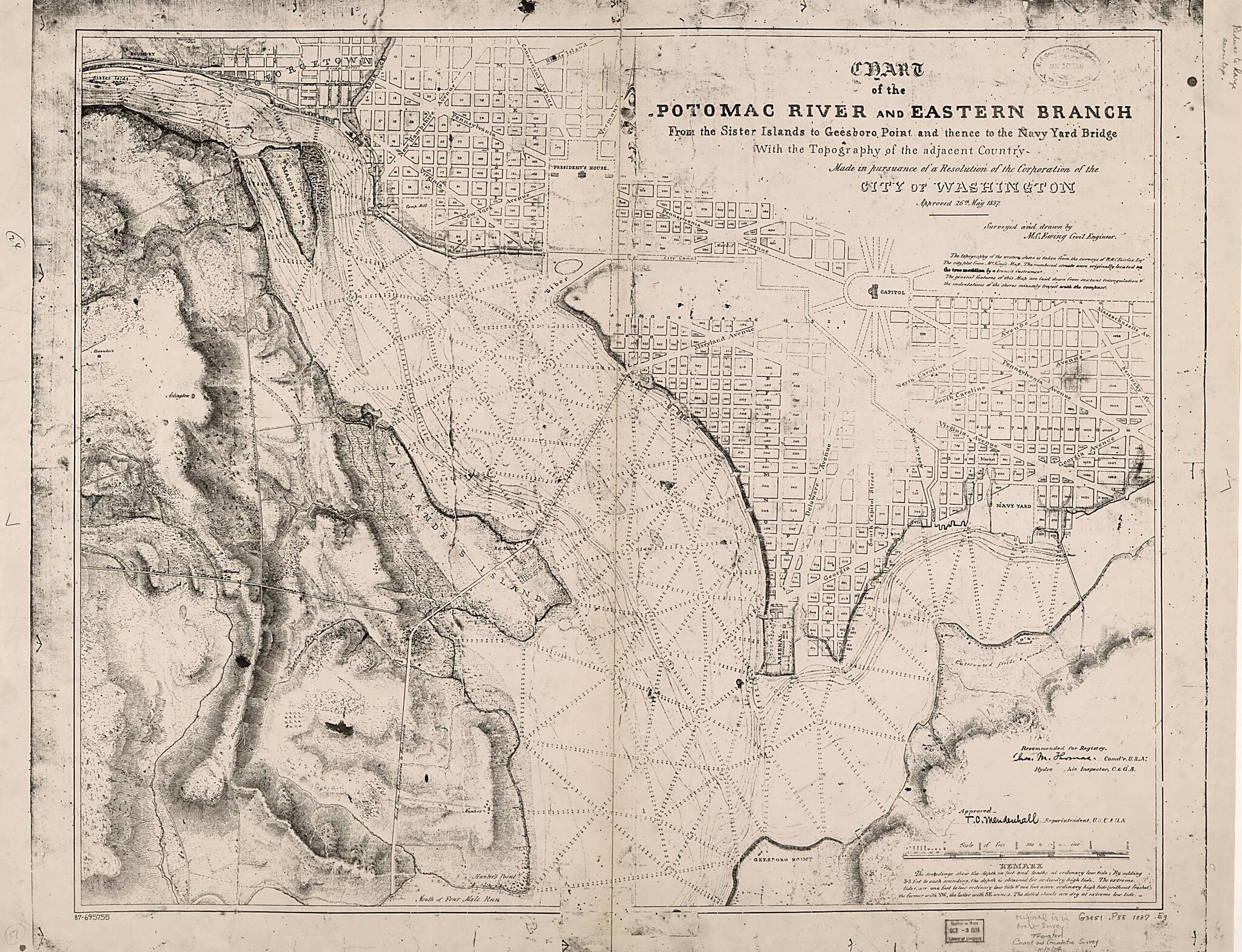 This old map of Chart of the Potomac River and Eastern Branch from the Sister Islands to Geesboro Point and Thence to the Navy Yard Bridge : With the Topography of the Adjacent Country : Made In Pursuance of a Resolution of the Corporation of the City of