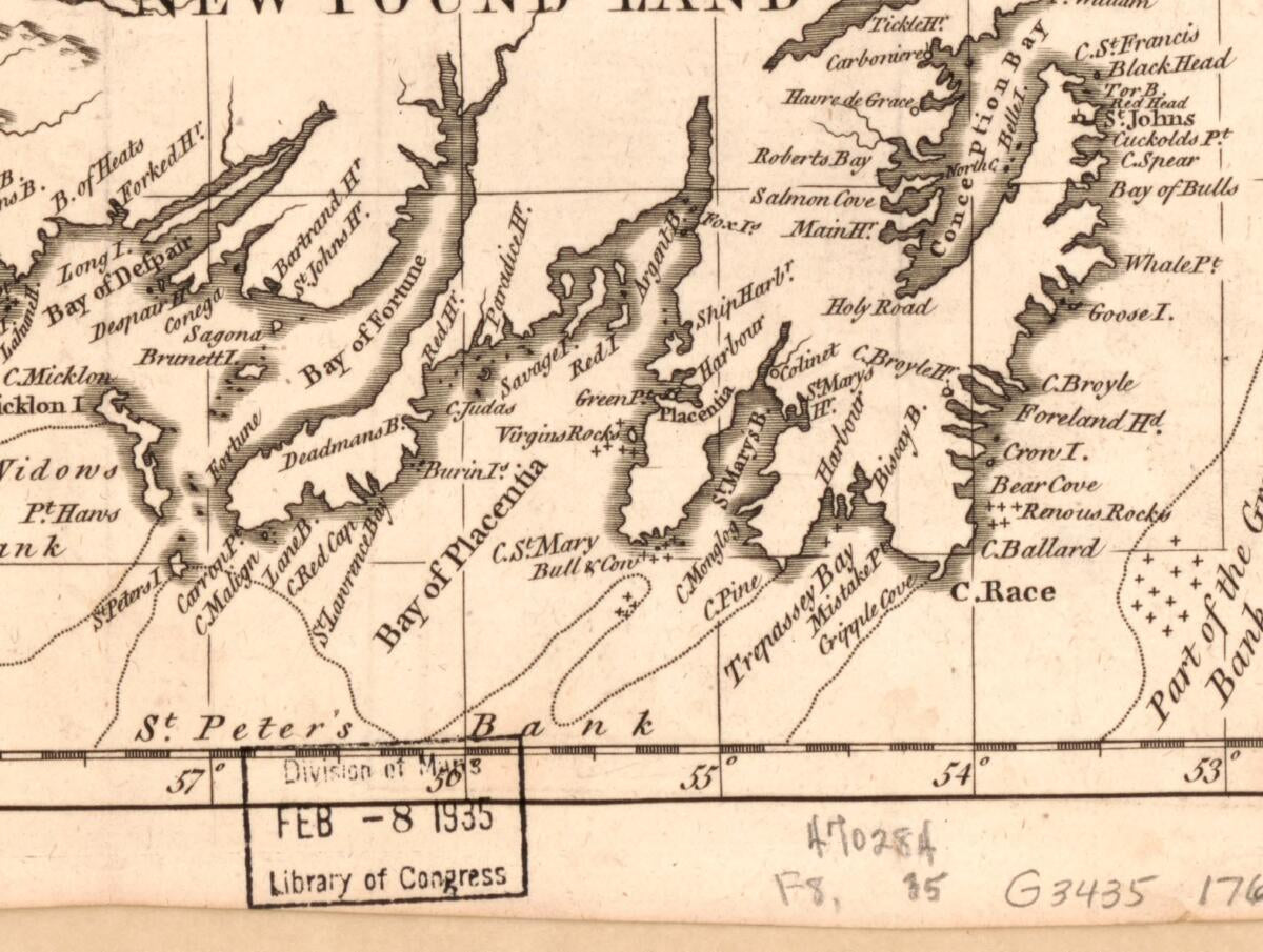 This old map of A New Map of the Only Useful and Frequented Part of New Found Land from 1762 was created by Thomas Kitchin in 1762