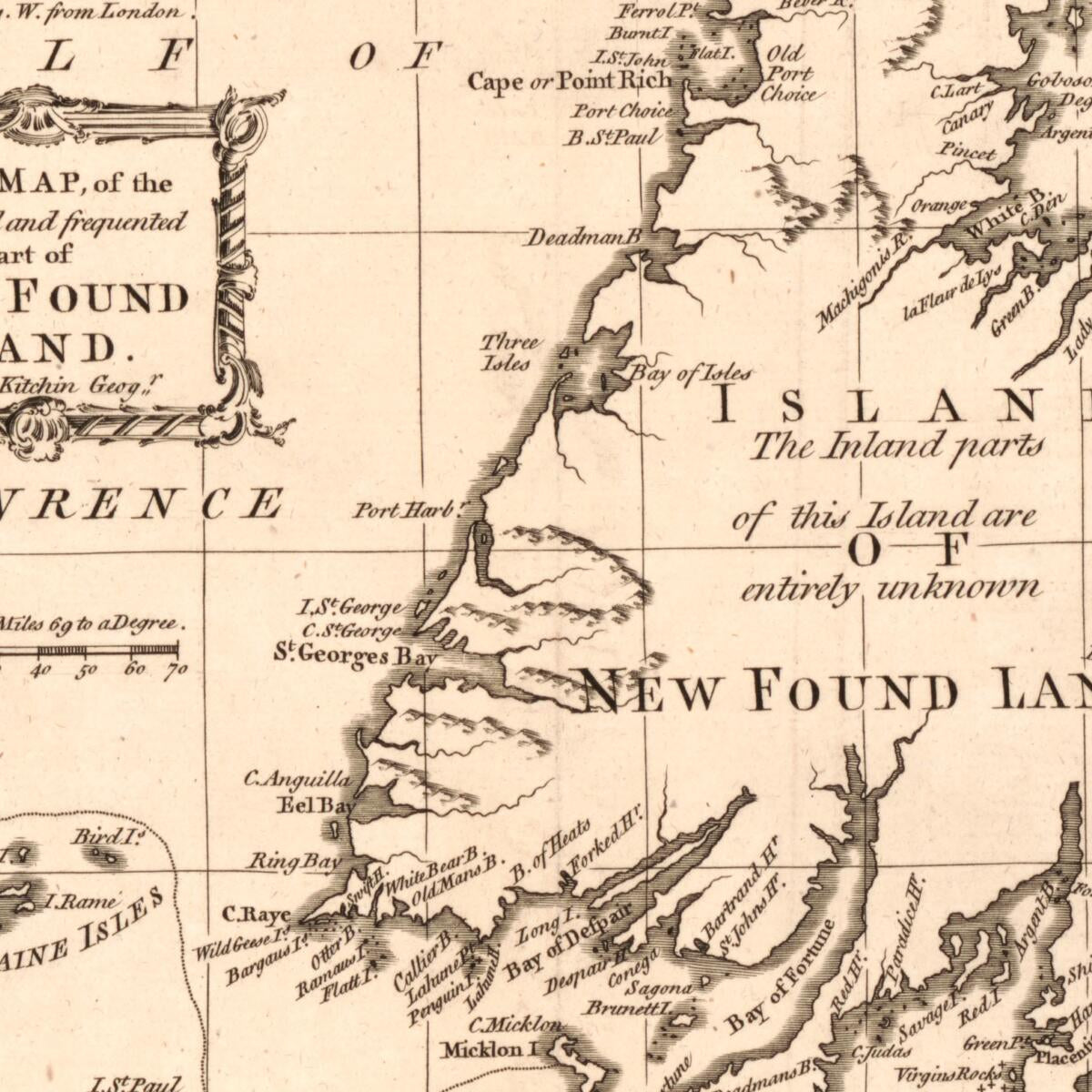 This old map of A New Map of the Only Useful and Frequented Part of New Found Land from 1762 was created by Thomas Kitchin in 1762