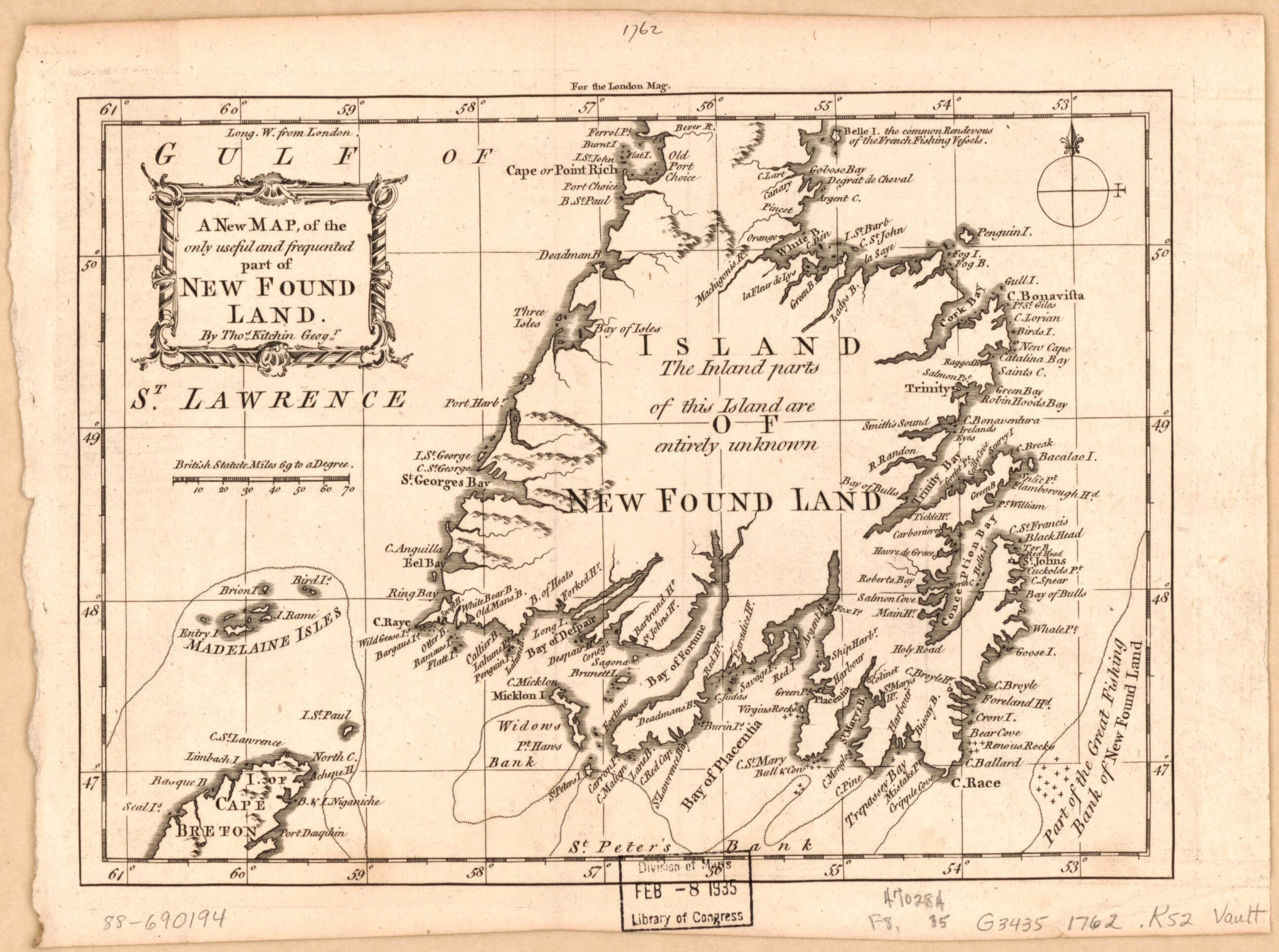 This old map of A New Map of the Only Useful and Frequented Part of New Found Land from 1762 was created by Thomas Kitchin in 1762