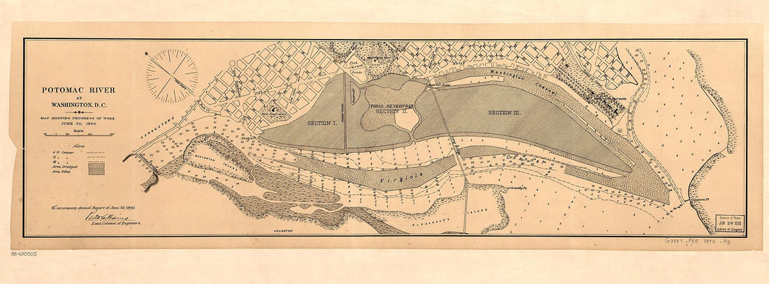 This old map of Potomac River at Washington, D.C., Map Showing Progress of Work : June 30, from 1890 was created by Peter C. (Peter Conover) Hains in 1890