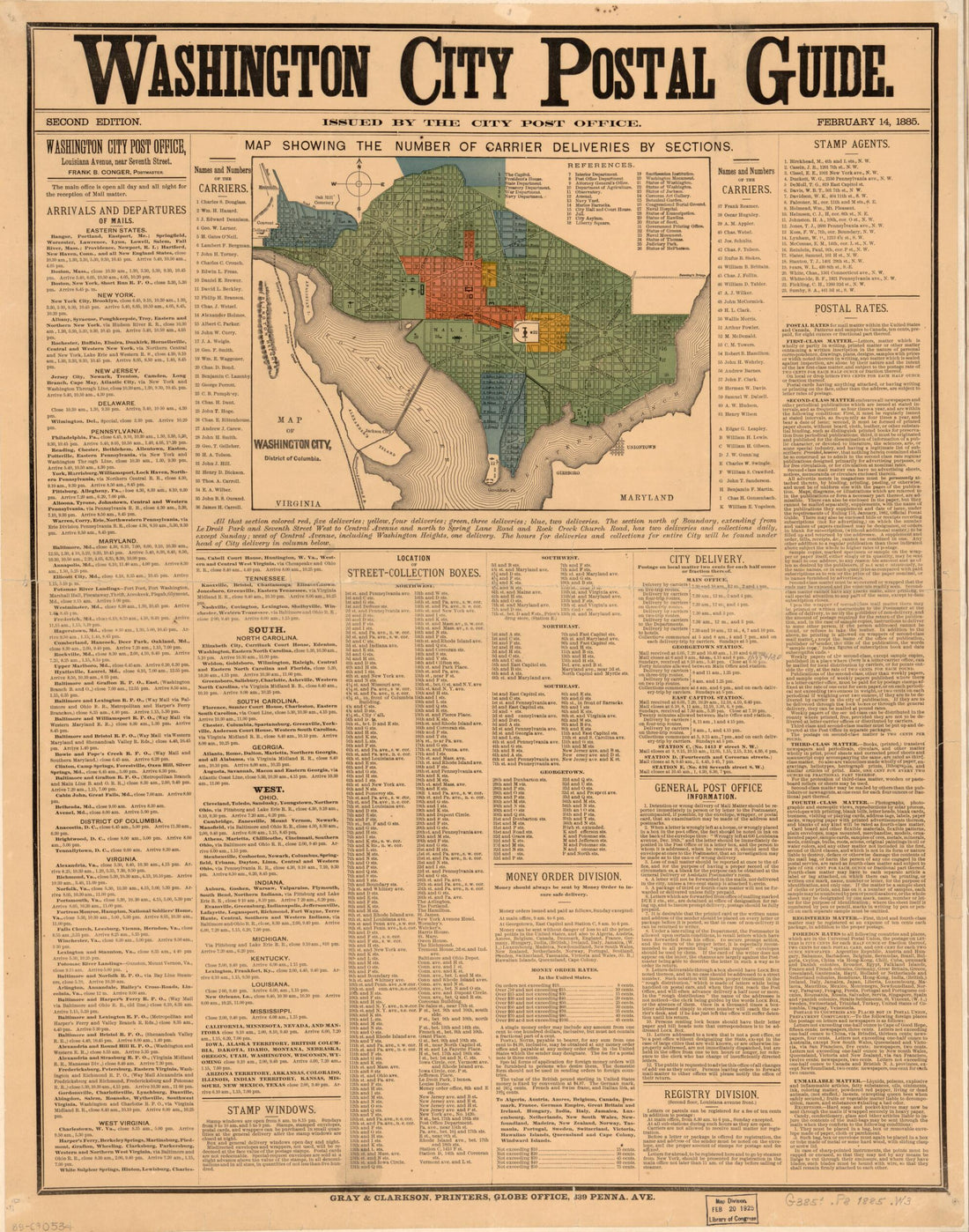 This old map of Washington City Postal Guide : Map Showing the Number of Carrier Deliveries by Sections from 1885 was created by Washington D.C. City Post Office in 1885