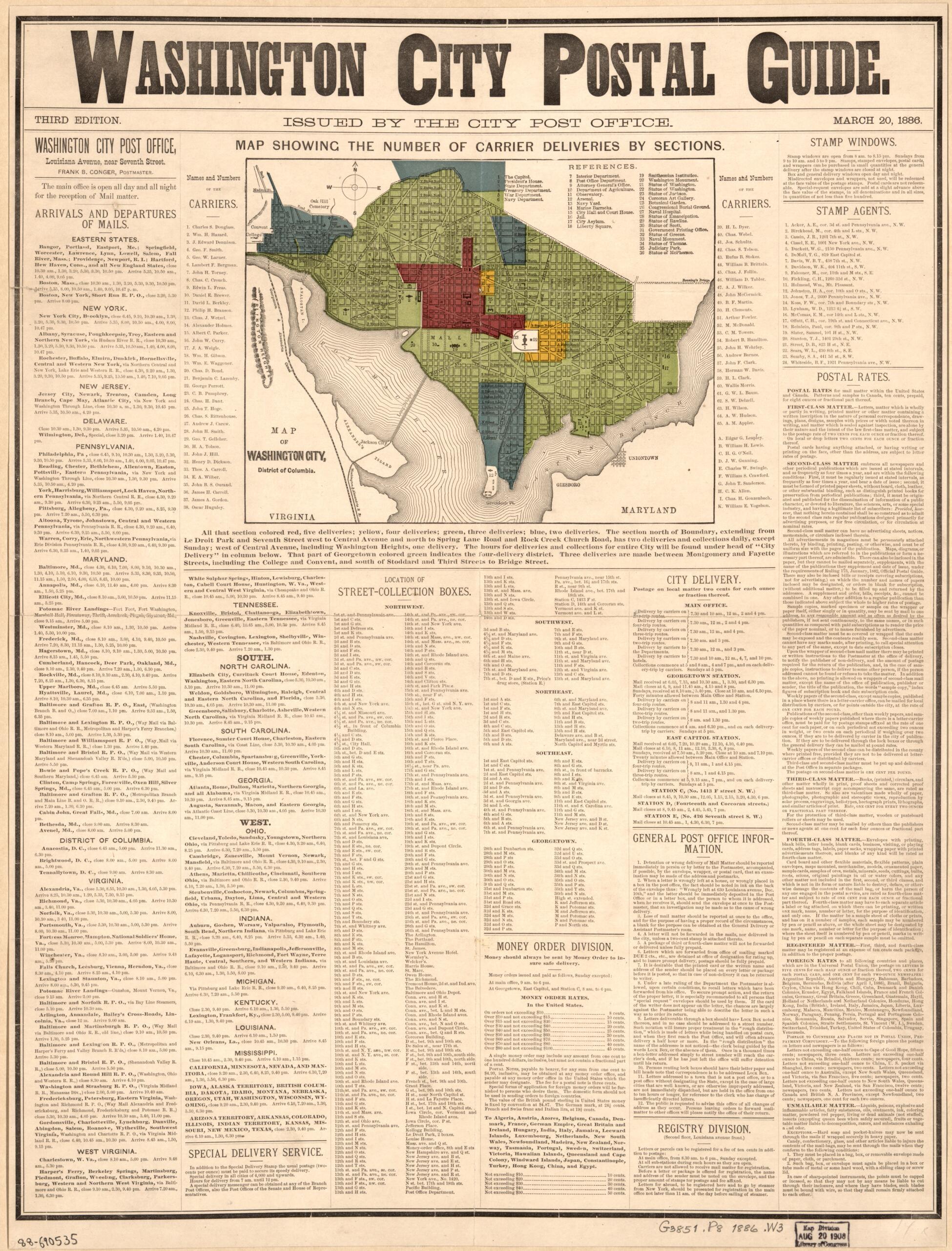 This old map of Washington City Postal Guide : Map Showing the Number of Carrier Deliveries by Sections from 1886 was created by Washington D.C. City Post Office in 1886