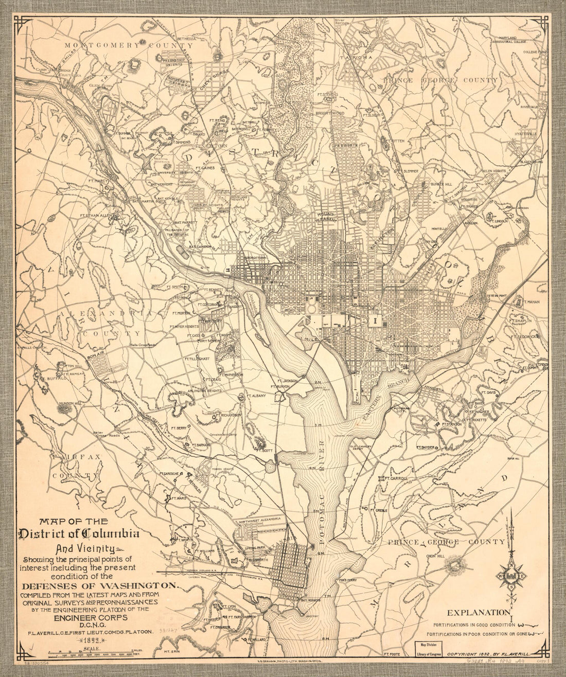 This old map of Map of the District of Columbia and Vicinity Showing the Principal Points of Interest Including the Present Condition of the Defenses of Washington from 1892 was created by F. L. (Frank L.) Averill, District of Columbia National Guard. E