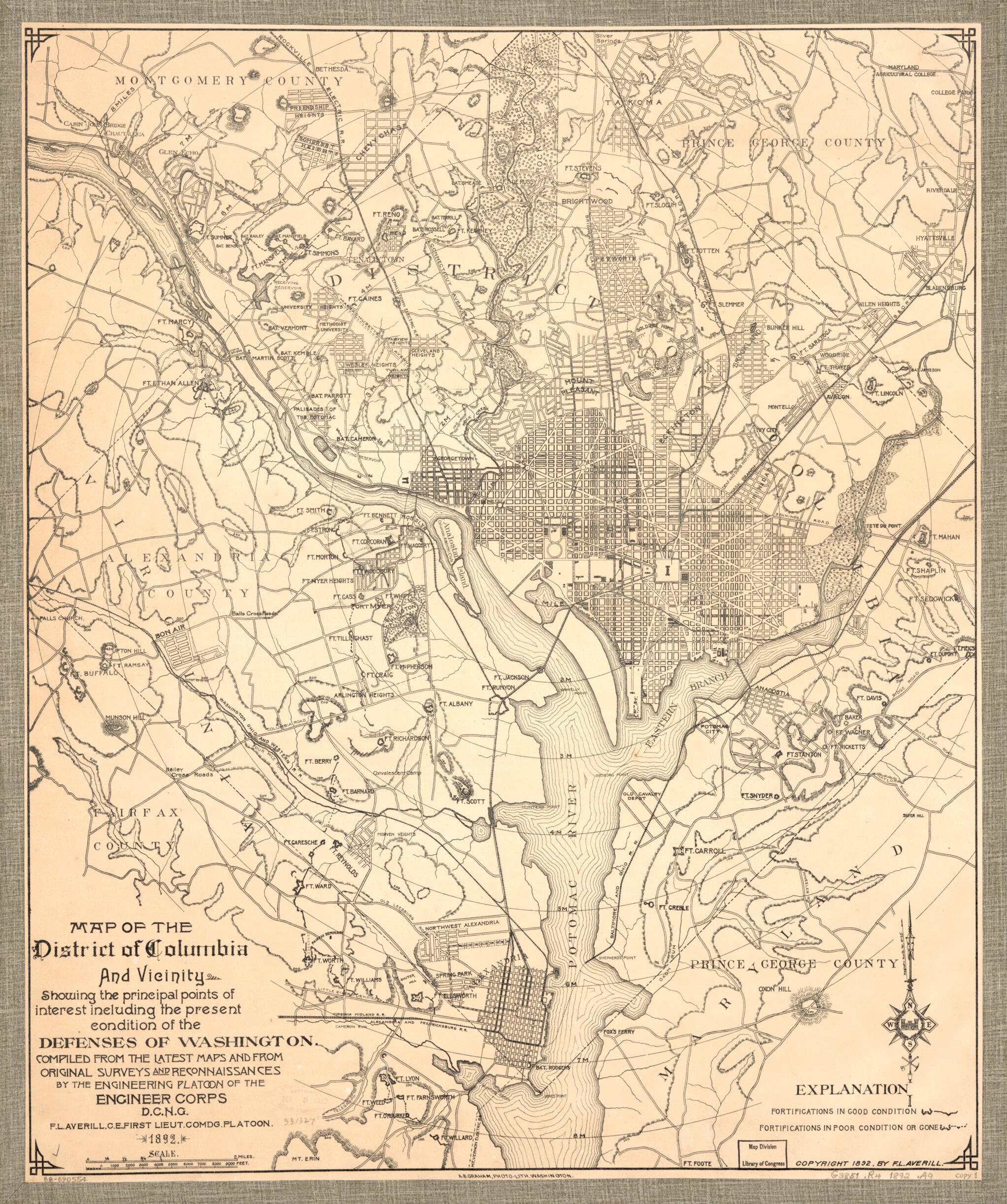 This old map of Map of the District of Columbia and Vicinity Showing the Principal Points of Interest Including the Present Condition of the Defenses of Washington from 1892 was created by F. L. (Frank L.) Averill, District of Columbia National Guard. E