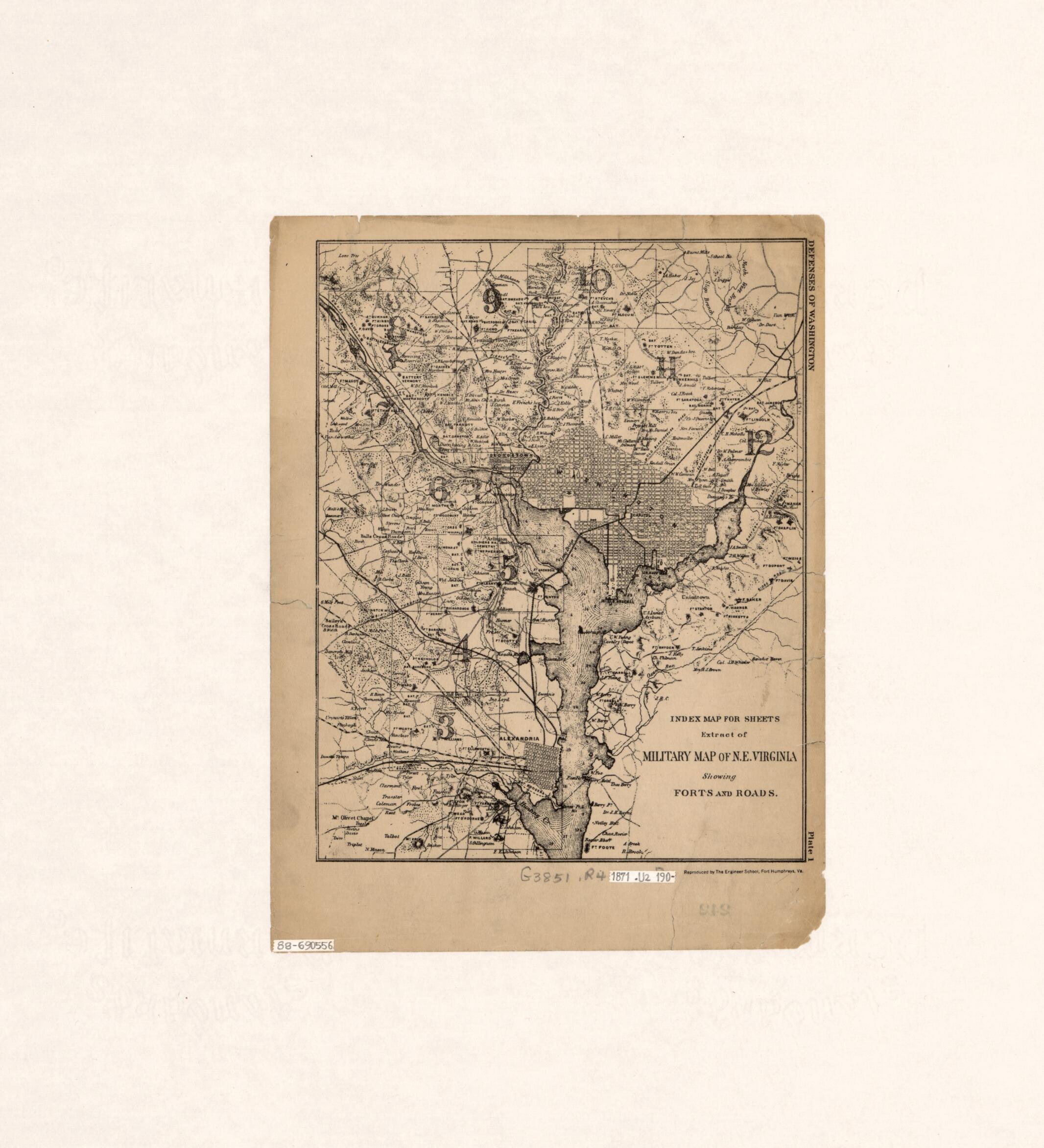 This old map of Index Map for Sheets, Extract of Military Map of N.E. Virginia Showing Forts and Roads : Washington D.C. Metropolitan Area from 1871 was created by J. G. (John Gross) Barnard, U.S. Army Engineer School, United States. Army. Corps of Eng