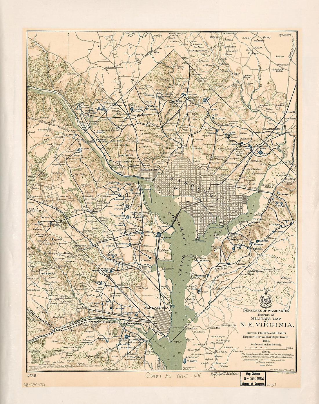 This old map of Defenses of Washington, Extract of Military Map of N.E. Virginia : Showing Forts and Roads from 1865 was created by Richard Delafield, United States. Government Printing Office, United States. War Department. Engineer Bureau in 1865
