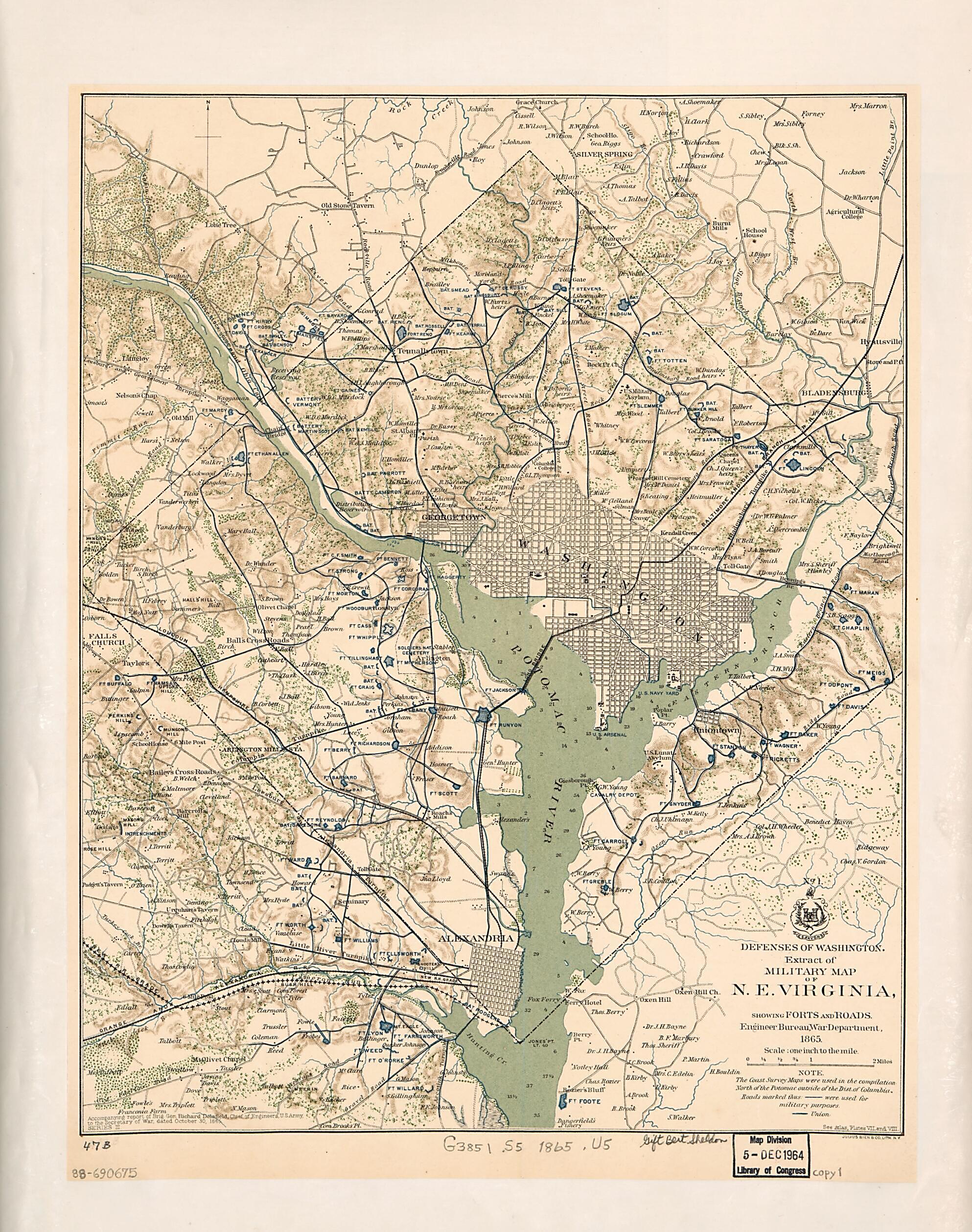 This old map of Defenses of Washington, Extract of Military Map of N.E. Virginia : Showing Forts and Roads from 1865 was created by Richard Delafield, United States. Government Printing Office, United States. War Department. Engineer Bureau in 1865