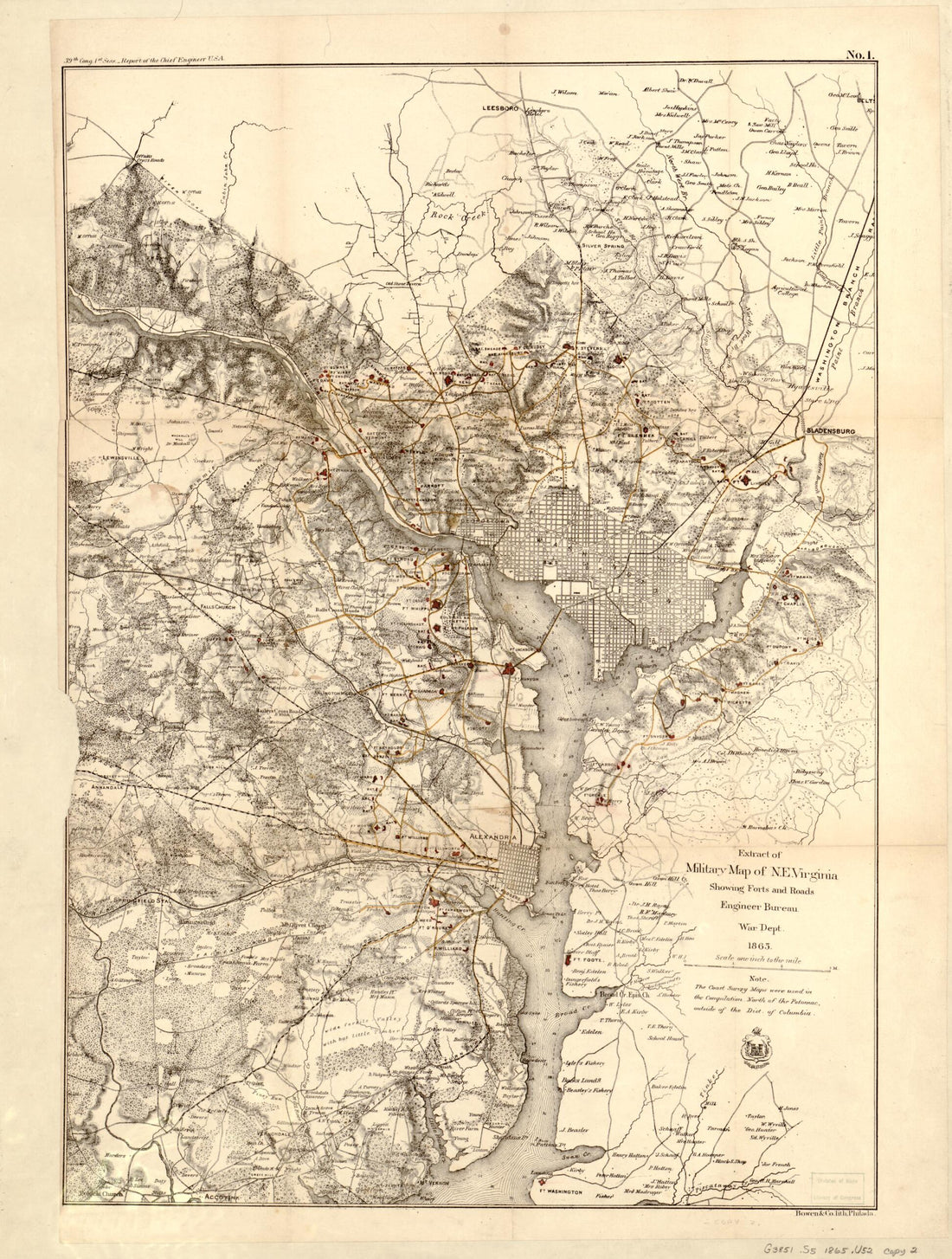 This old map of Extract of Military Map of N.E. Virginia Showing Forts and Roads from 1865 was created by Bowen & Co, United States. Congress, United States. War Department. Engineer Bureau in 1865