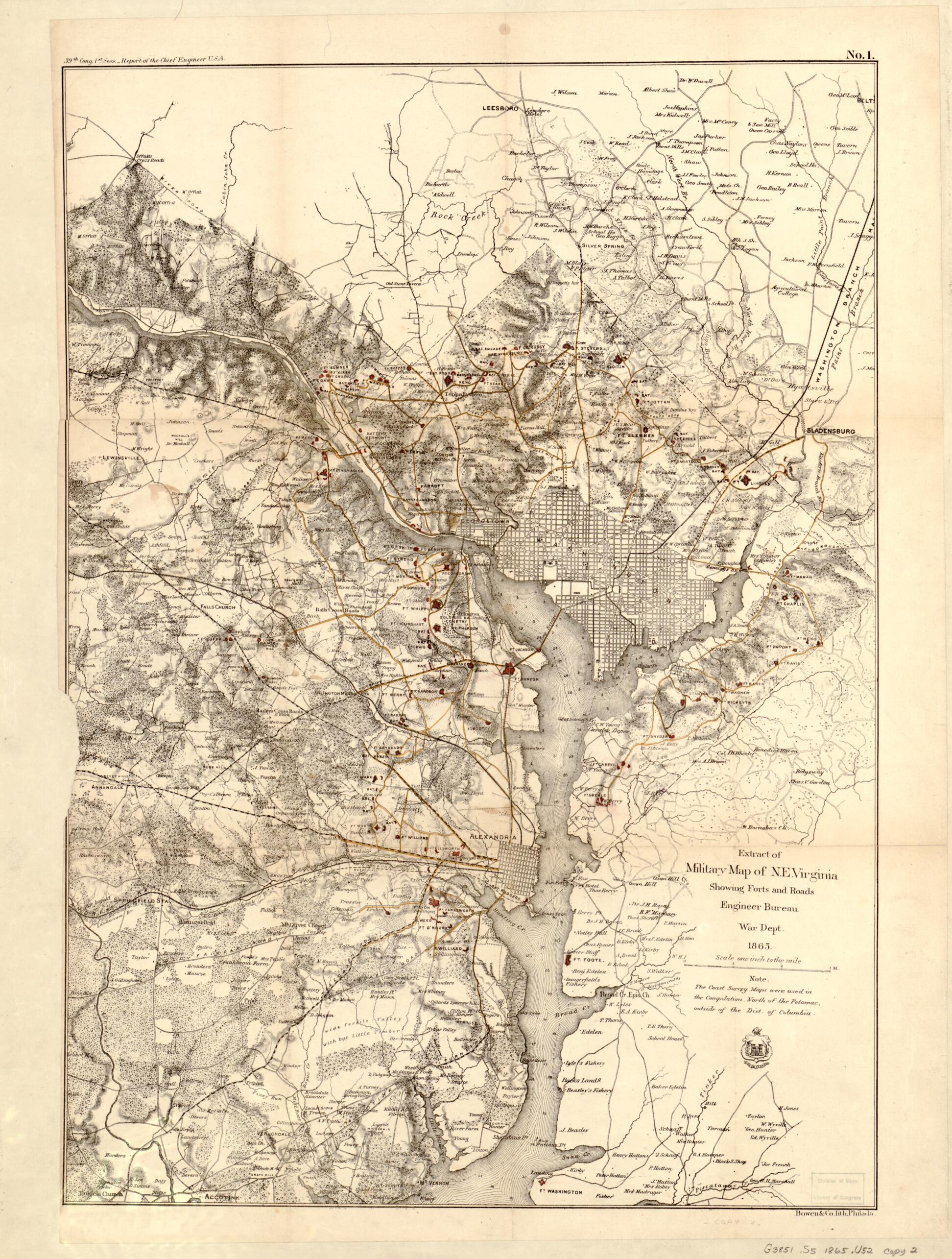 This old map of Extract of Military Map of N.E. Virginia Showing Forts and Roads from 1865 was created by Bowen & Co, United States. Congress, United States. War Department. Engineer Bureau in 1865